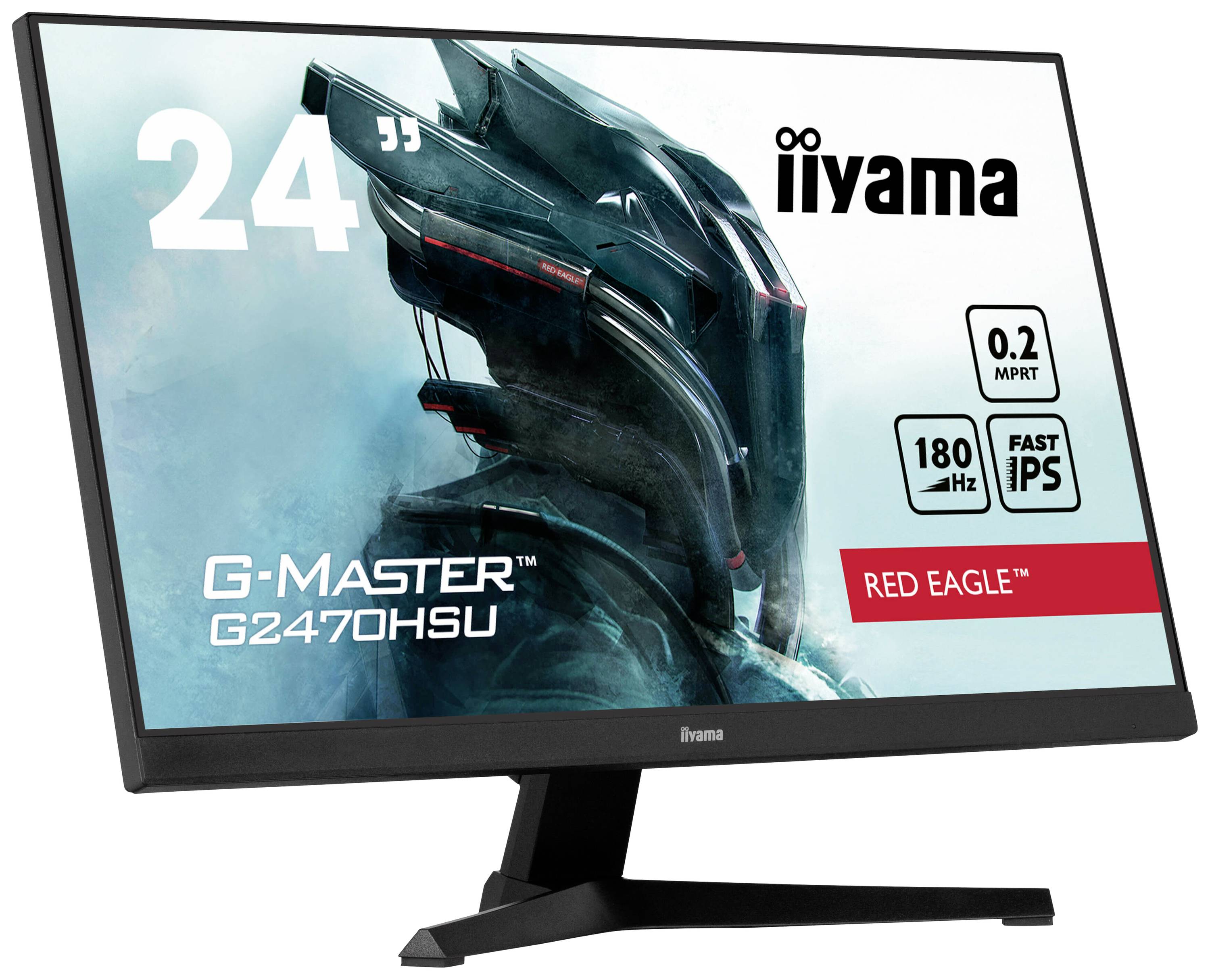 Monitor iiyama 24-cale 'G-Master G2470HSU', 0,2 ms MPRT, 180 Hz, Fast IPS, seria Red Eagle, z ilustracją futurystycznego hełmu.