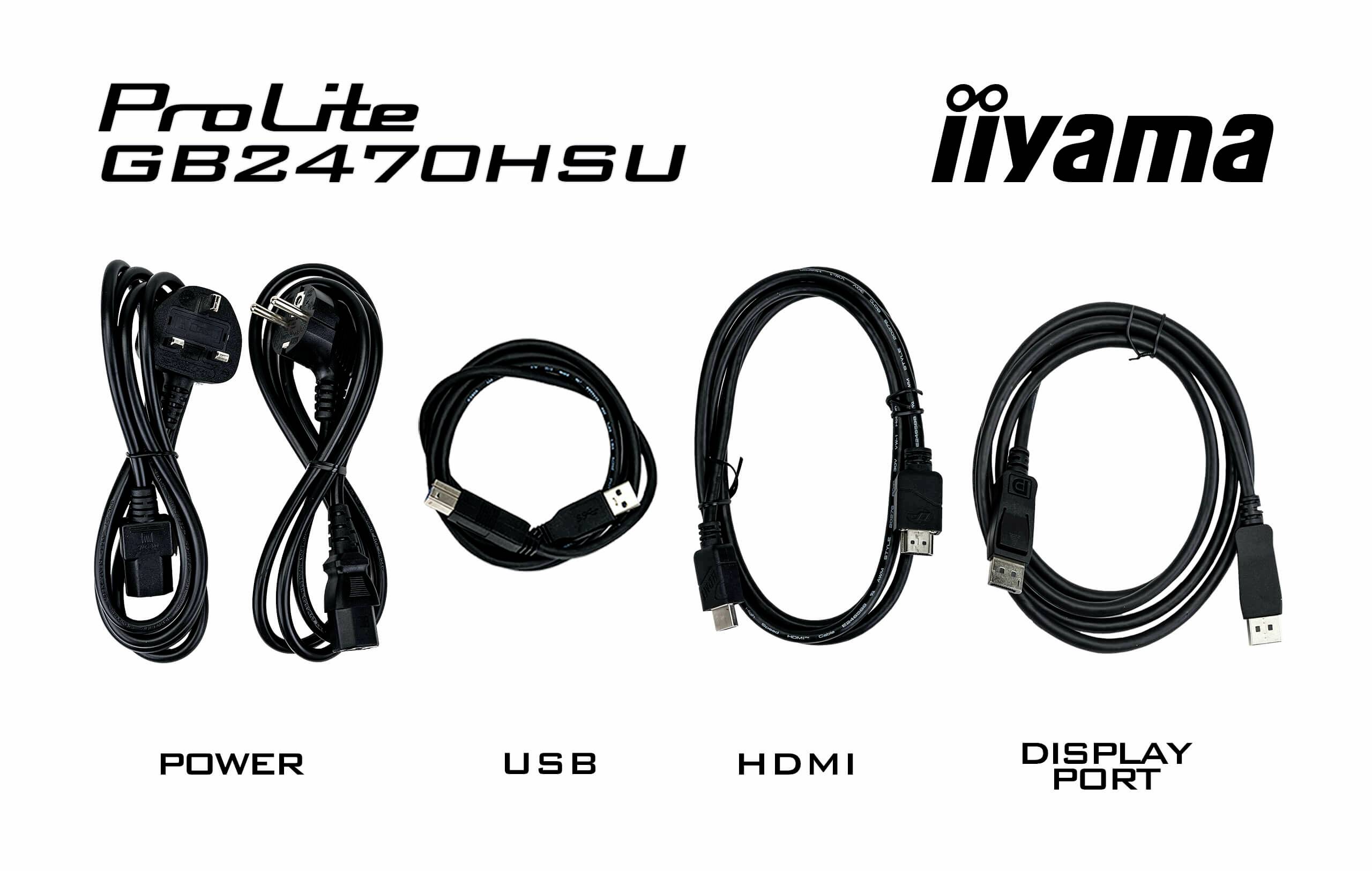 Kabel do monitora iiyama 'ProLite GB2470HSU': kabel zasilający, kabel USB, kabel HDMI, kabel DisplayPort.