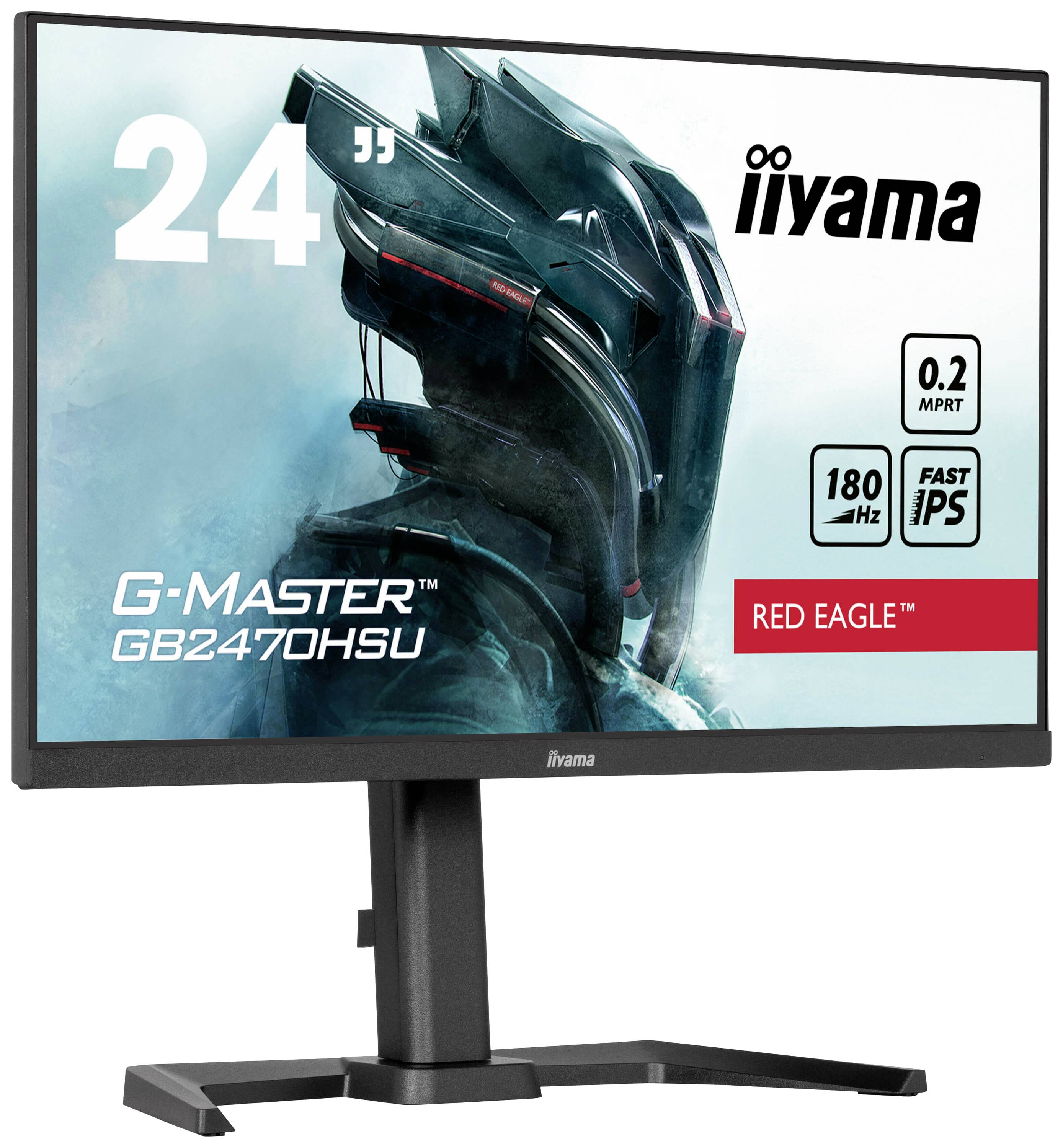 24-calowy monitor gamingowy 'iiyama G-Master GB2470HSU' prezentuje futurystyczny hełm. Cechy: 0,2 ms MPRT, 180 Hz, technologia IPS.