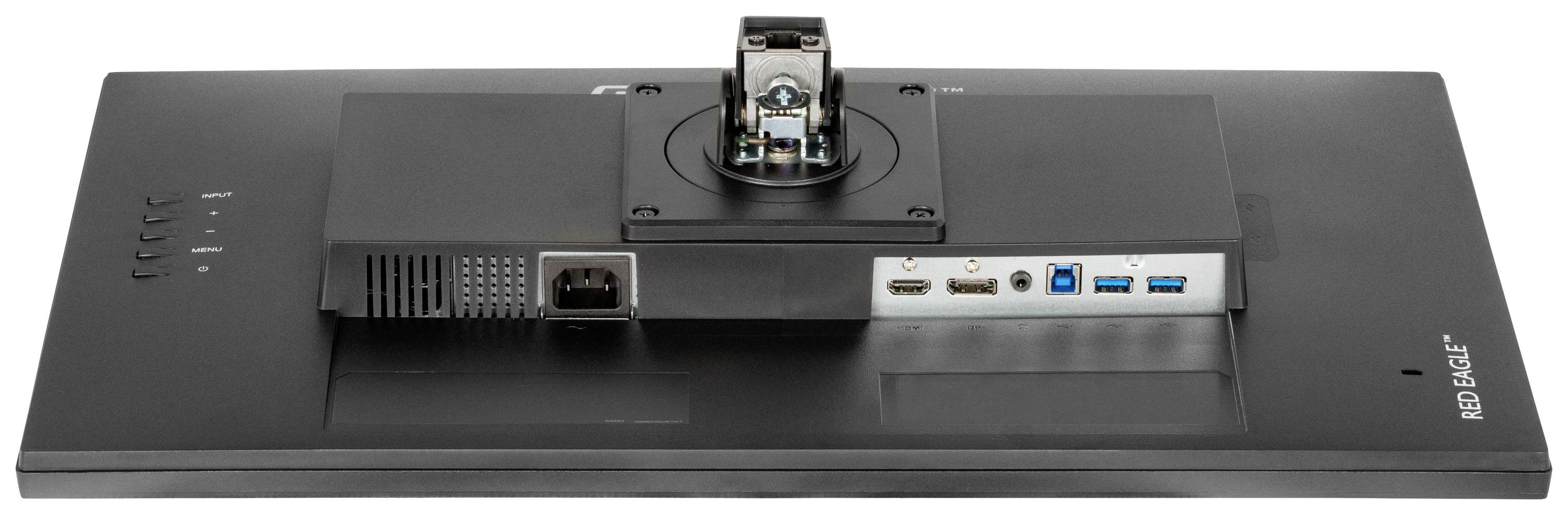 Widok z tyłu monitora z widocznymi złączami, w tym portami HDMI i USB.