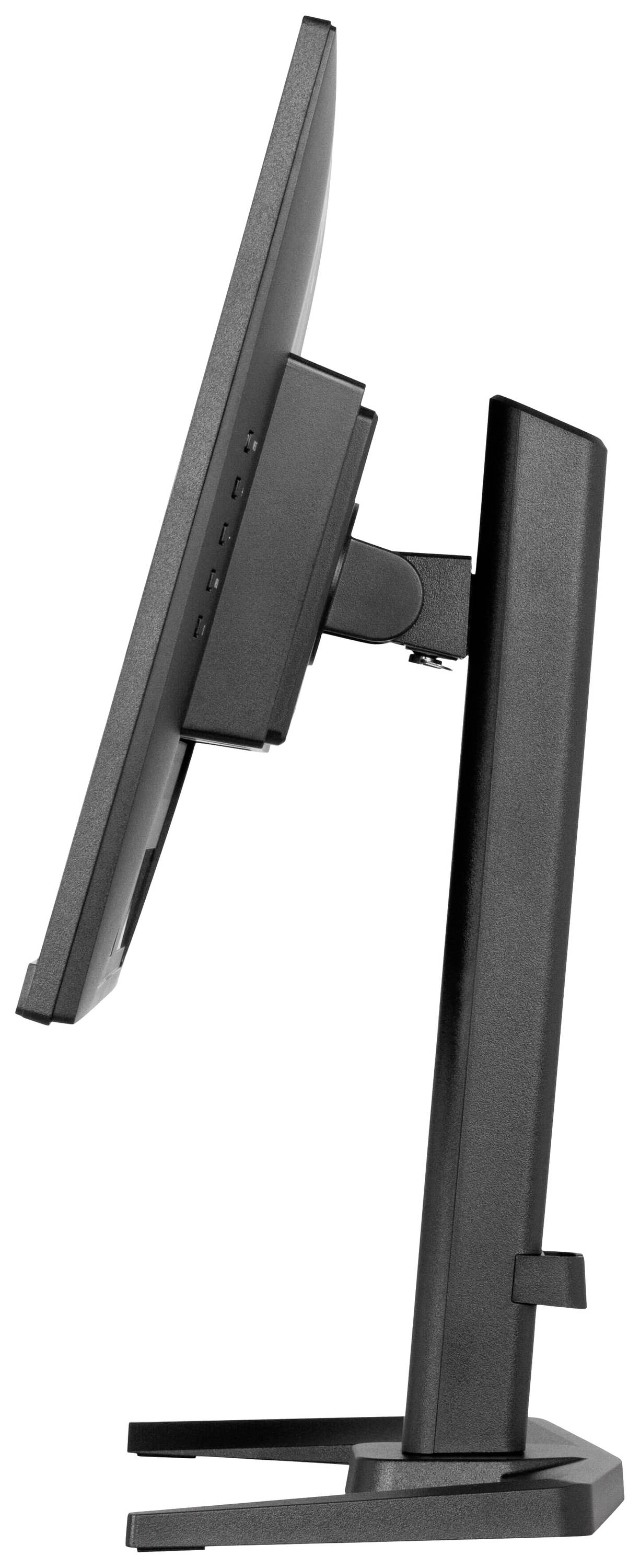 Widok z boku nowoczesnego monitora komputerowego z wąską ramką, umieszczonego na prostokątnej podstawie.