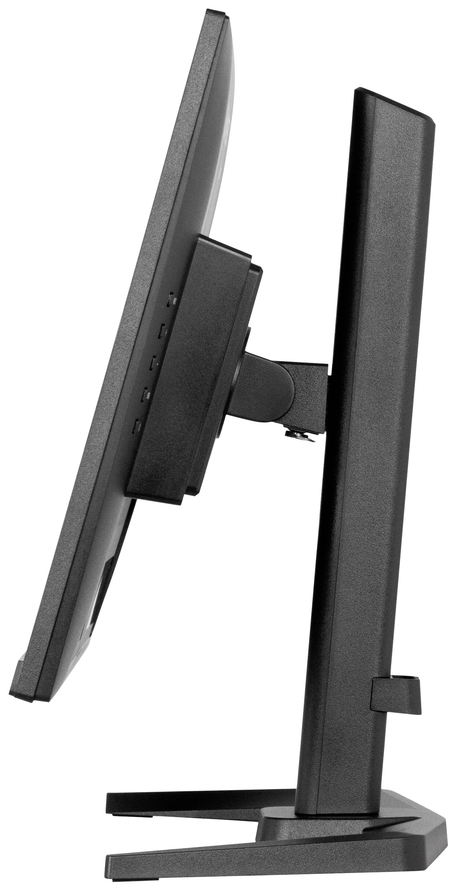 Czarny, płaski ekran widziany z boku, wyposażony w solidną podstawę. Monitor można pochylać, a jego smukła sylwetka prezentuje nowoczesny design.
