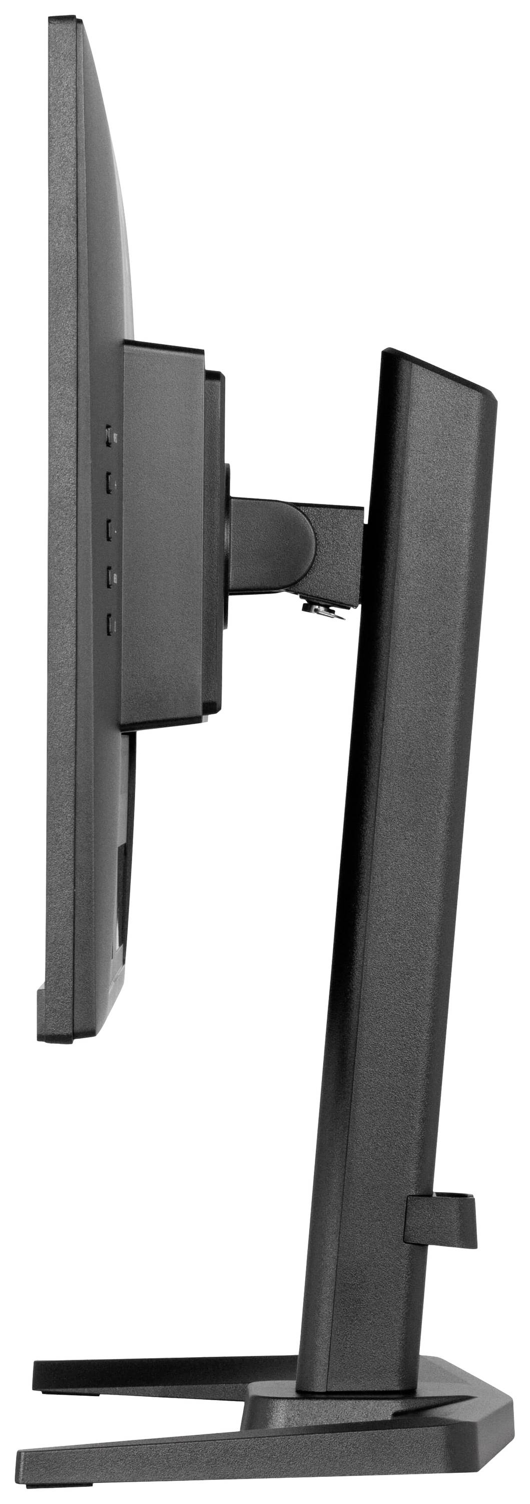 Wąski ekran komputerowy widziany z boku, stojący na stabilnej podstawie, bez widocznej treści na wyświetlaczu.