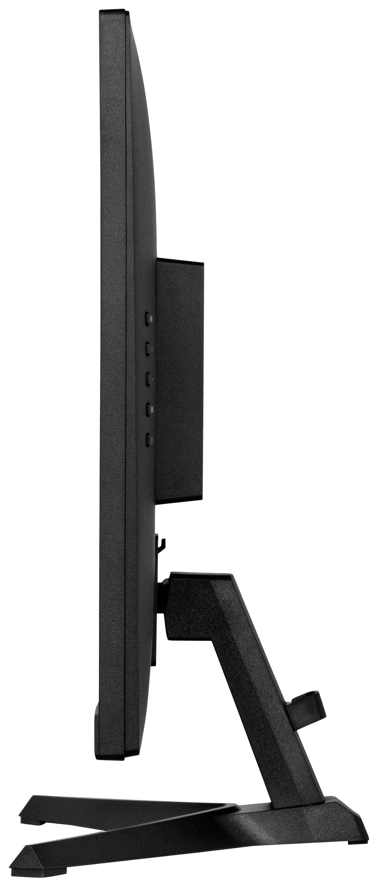 Widok z boku smukłego monitora komputerowego na stabilnej podstawie, prezentujący jego wąską sylwetkę i minimalistyczną konstrukcję.