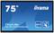 Niebieski ekran wyświetla napis '75"' oraz 'iiyama ProLite TE7514MIS-B2AG', a także symbole EDLA i funkcji ekranu dotykowego.