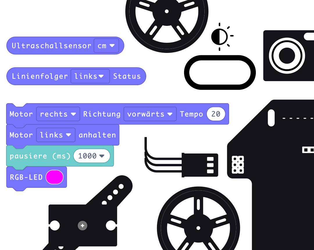 Grafika przedstawia pole programowania robota z poleceniami takimi jak 'Czujnik ultradźwiękowy', 'Silnik prawy' i 'Dioda RGB', obok znajdują się części robota, takie jak koła i silniki.