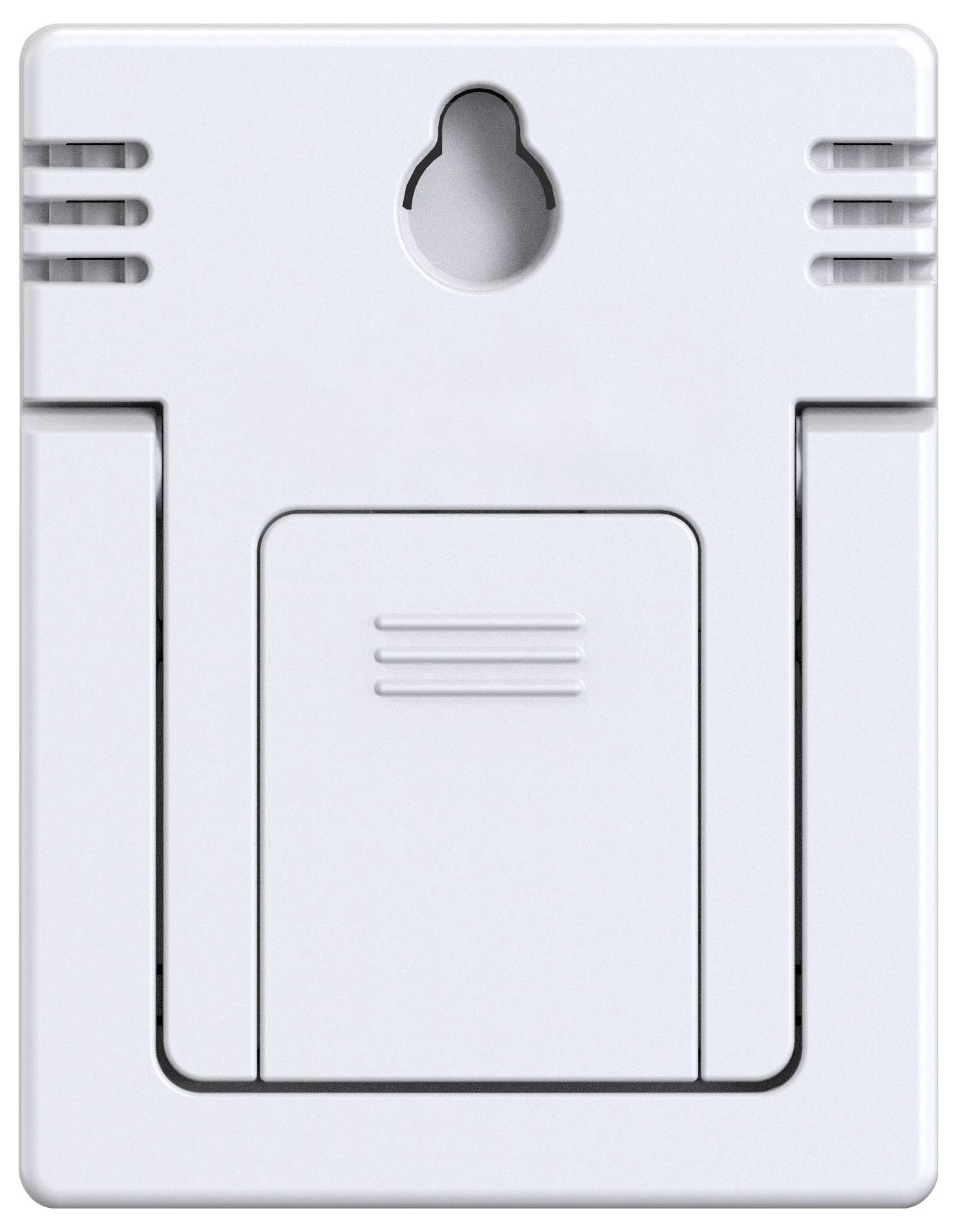 Biały, prostokątny czujnik dymu, przeznaczony do montażu naściennego, wyposażony w mocowanie górnę oraz szczeliny wentylacyjne po bokach.