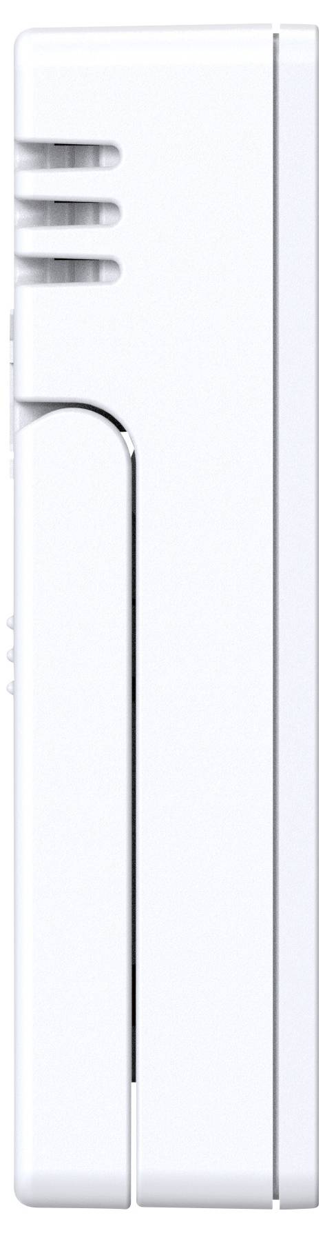 Widok z boku białego urządzenia elektronicznego z otworami wentylacyjnymi.