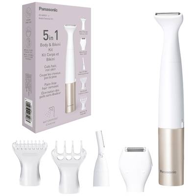 Zestaw 5-w-1 do ciała i bikini firmy Panasonic z różnymi nakładkami trymerowymi i opakowaniem prezentującym jego funkcje.