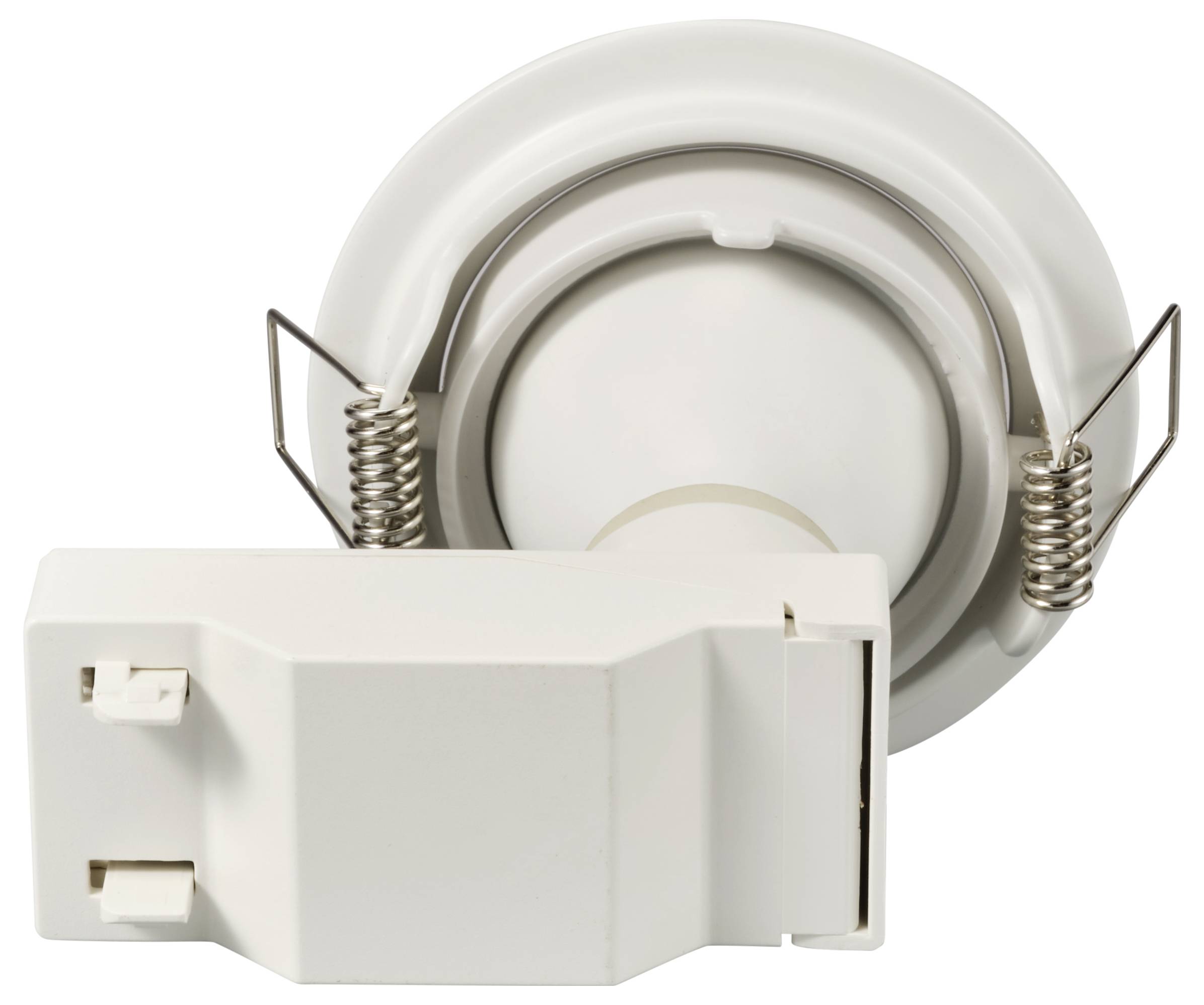 Biała oprawa do wbudowania sufitowego z dwoma sprężynami mocującymi, ukazana z perspektywy czołowej.