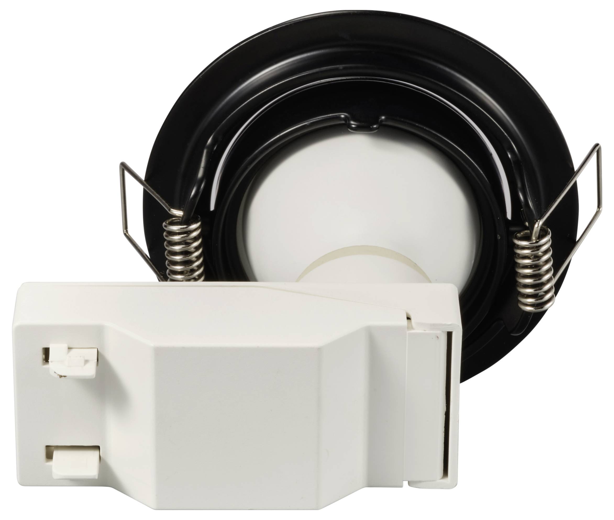 Okrągła, czarna rama montażowa z zaciskami sprężynowymi, obok której znajduje się biały moduł wtykowy, prawdopodobnie służący do mocowania.