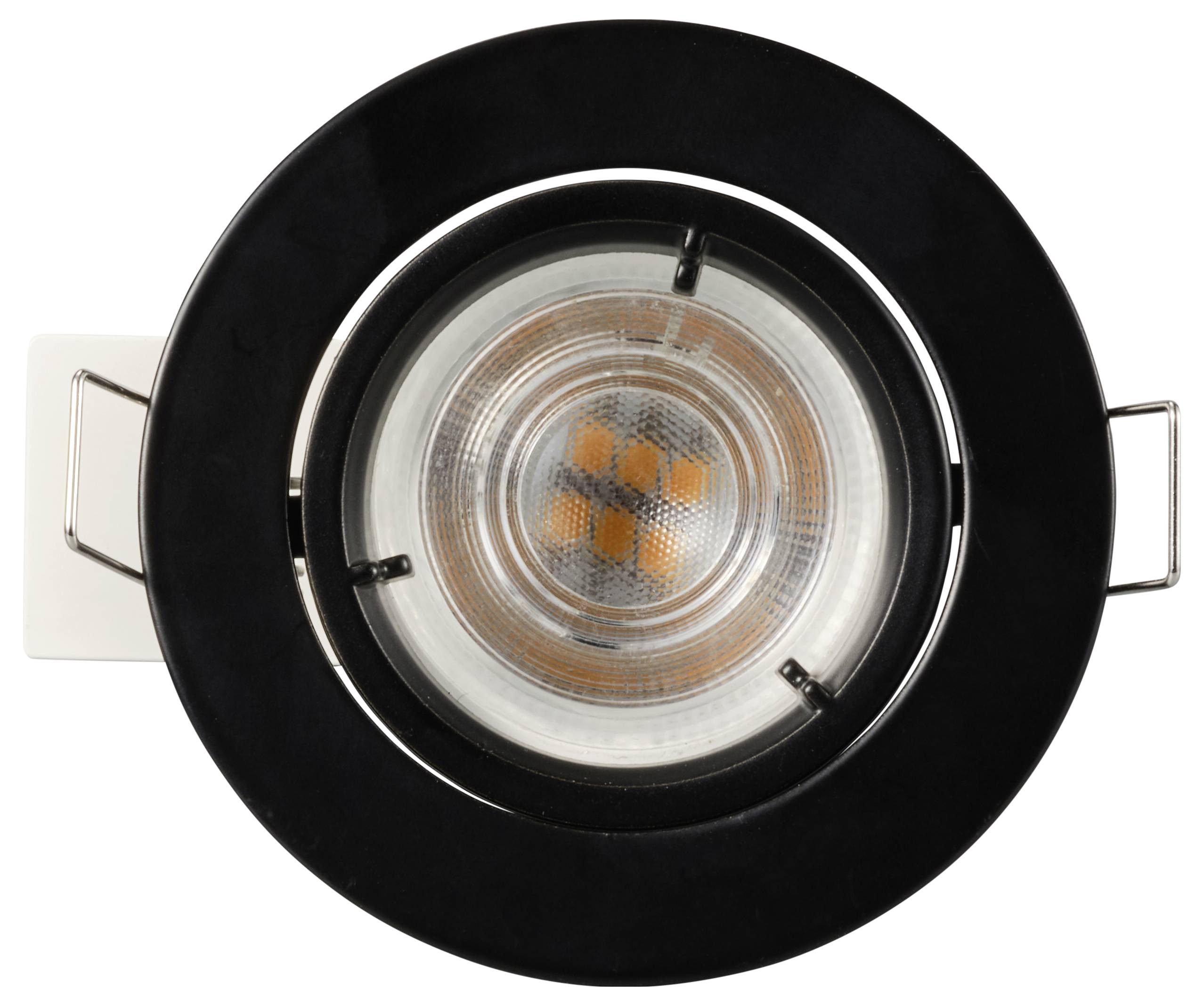 Okrągła, czarno-biała oprawa wpuszczana z widocznym wzorem świetlnym LED wewnątrz, otoczona metalowymi zaciskami.