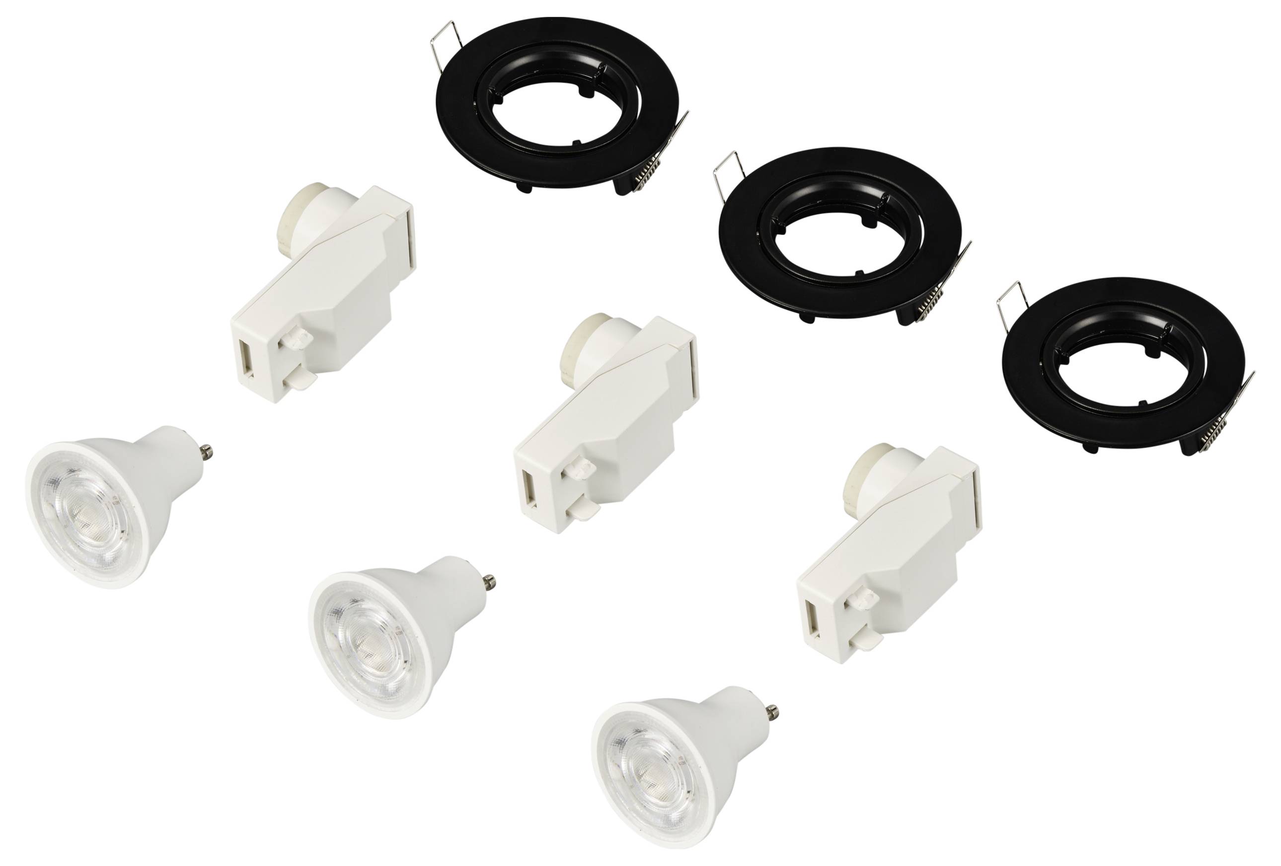 Cztery reflektory LED z oprawkami GU10 i czarnymi uchwytami, nadające się do montażu sufitowego. Idealne do oświetlenia pomieszczeń mieszkalnych lub przestrzeni roboczych.