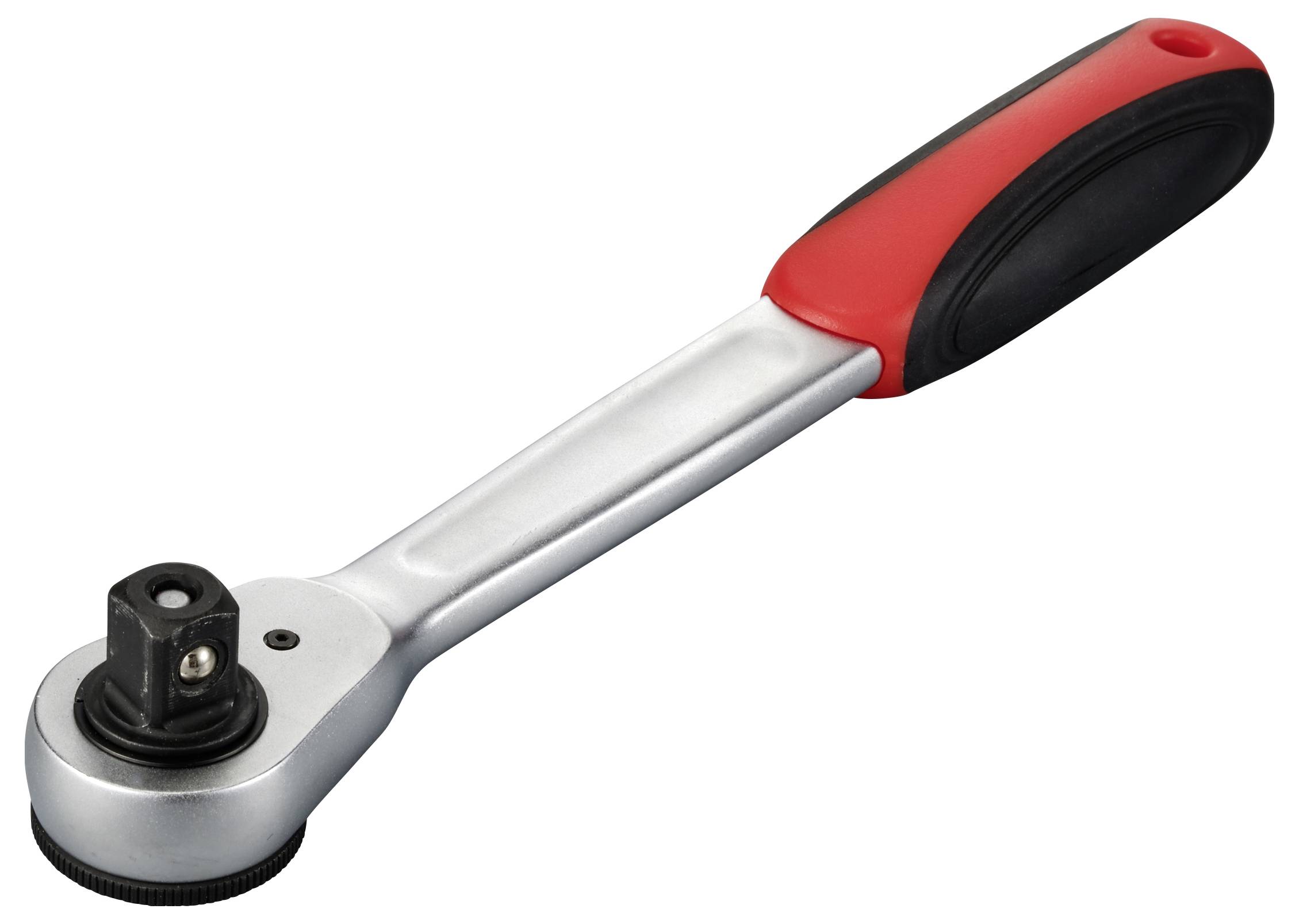 Srebrna grzechotka z czarną i czerwoną rączką.