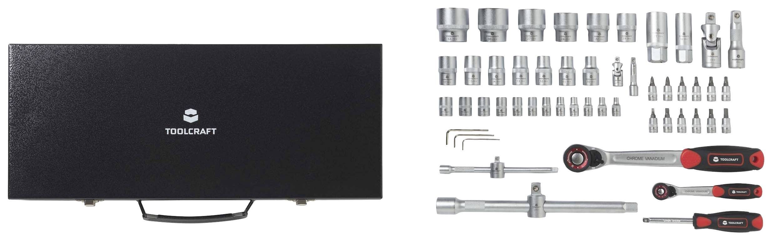 Otwarty kufer narzędziowy firmy TOOLCRAFT ukazuje różnorodność kluczy nasadowych, bitów i grzechotek, ułożonych obok siebie wraz z różnymi narzędziami ręcznymi.