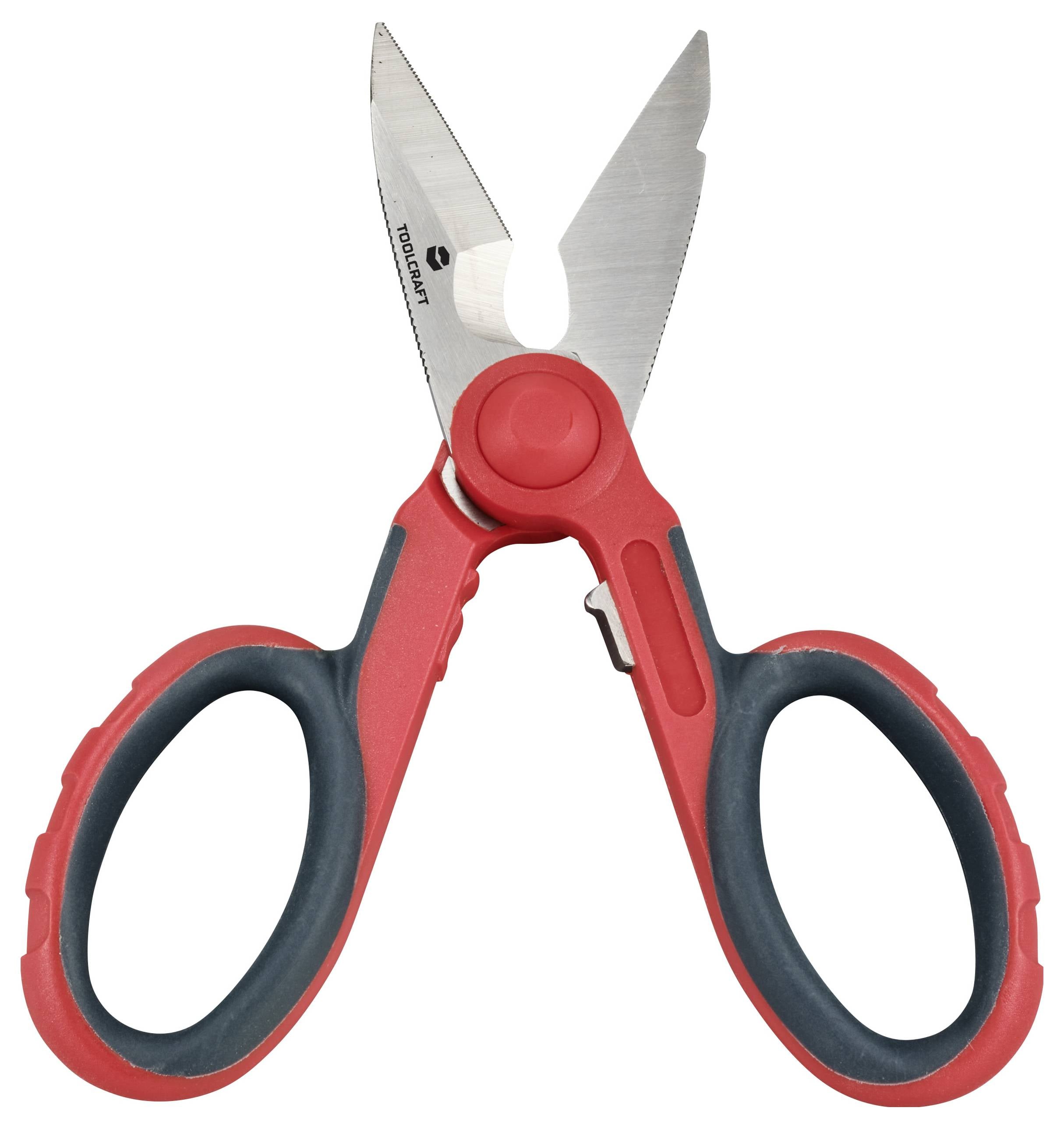 Nożyczki kuchenne ze stali nierdzewnej w kolorach czerwonym i czarnym, z prostymi ostrzami i ergonomicznymi uchwytami, przeznaczone do krojenia żywności.