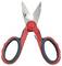 Nożyczki kuchenne ze stali nierdzewnej w kolorach czerwonym i czarnym, z prostymi ostrzami i ergonomicznymi uchwytami, przeznaczone do krojenia żywności.