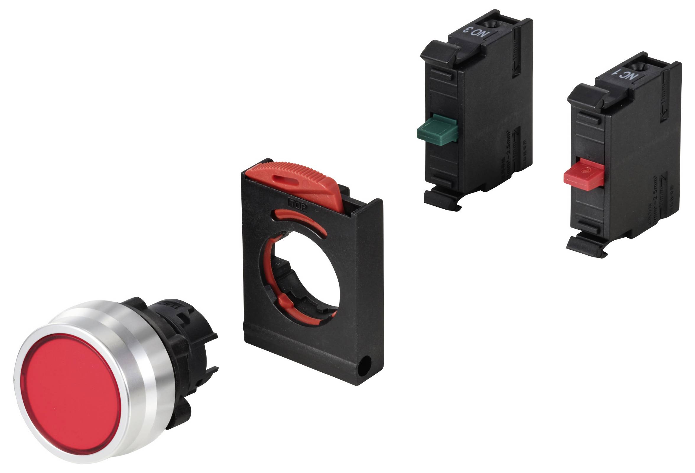 Czerwony przycisk naciskowy z srebrną krawędzią, otoczony osprzętem montażowym. Dwa czarne moduły przełącznikowe z zielonym i czerwonym przyciskiem.