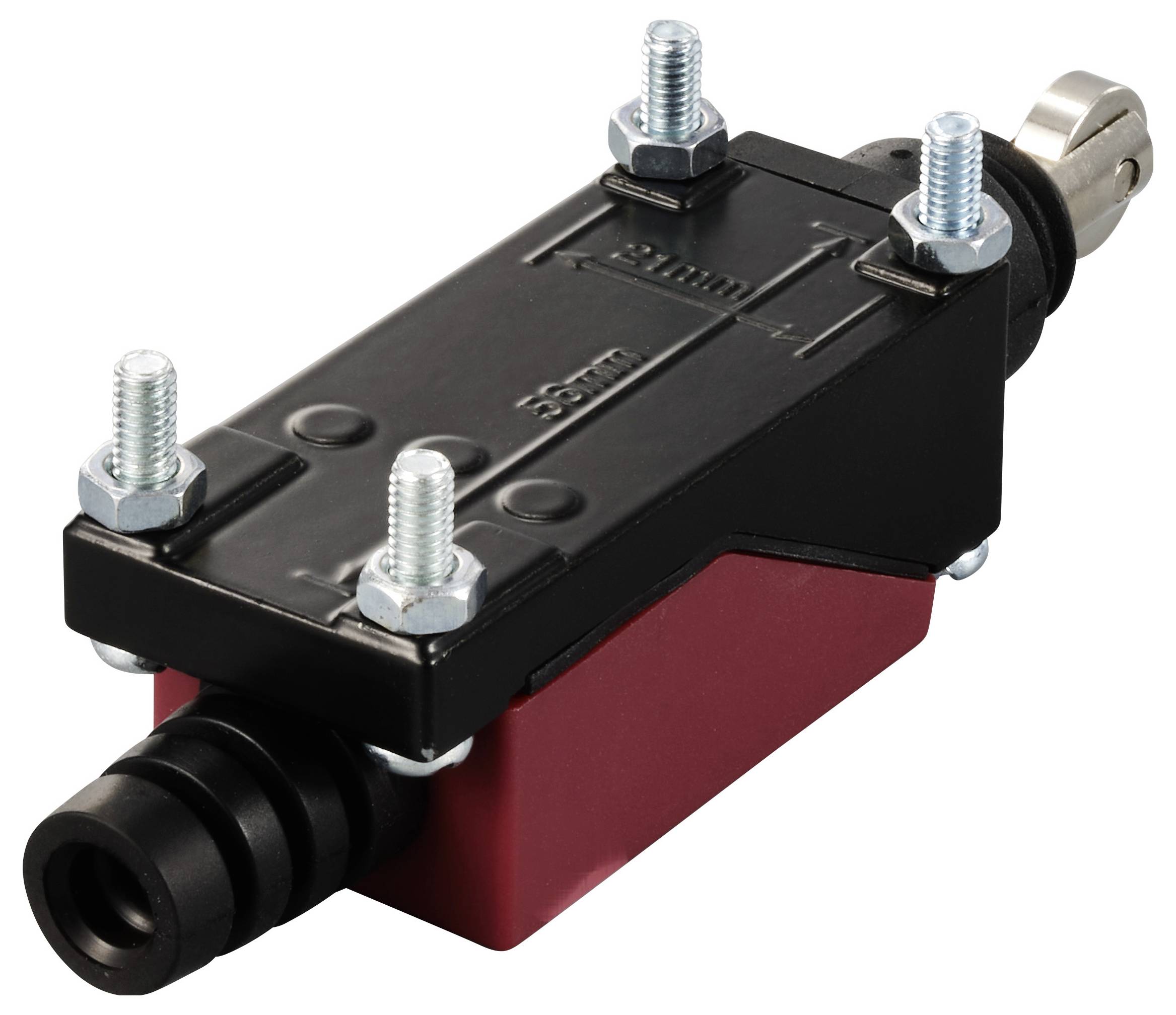 Prostokątny, mechaniczny wyłącznik krańcowy z czterema złączami śrubowymi i przyłączem kablowym, służący do kontroli pozycji w maszynach.