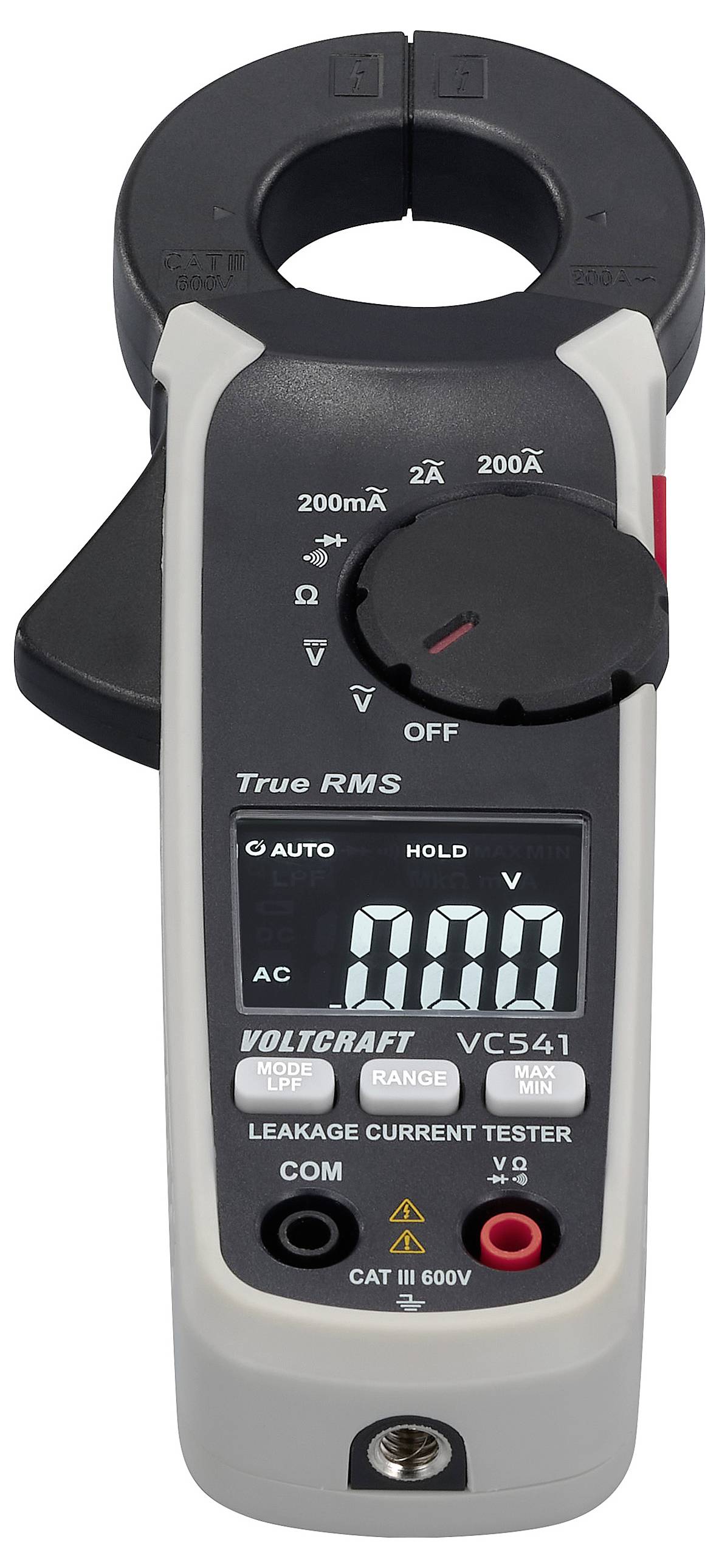 Cyfrowy miernik cęgowy z wyświetlaczem LCD wskazuje '0.00'. Przełącznik obrotowy do pomiaru prądu, szczęki do pomiaru kabli u góry.