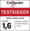 'Pieczęć Computer Bild: ZWYCIĘZCA TESTU dla tolino vision color, ocena 1,6. Wydanie 18/2024, test 5 czytników e-booków.'
