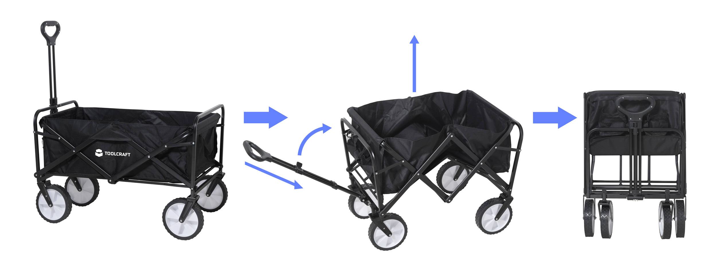 Pokazano układ składany czarnego wózka transportowego. Wózek jest przekształcany z rozłożonego stanu w kompaktowy, złożony stan.