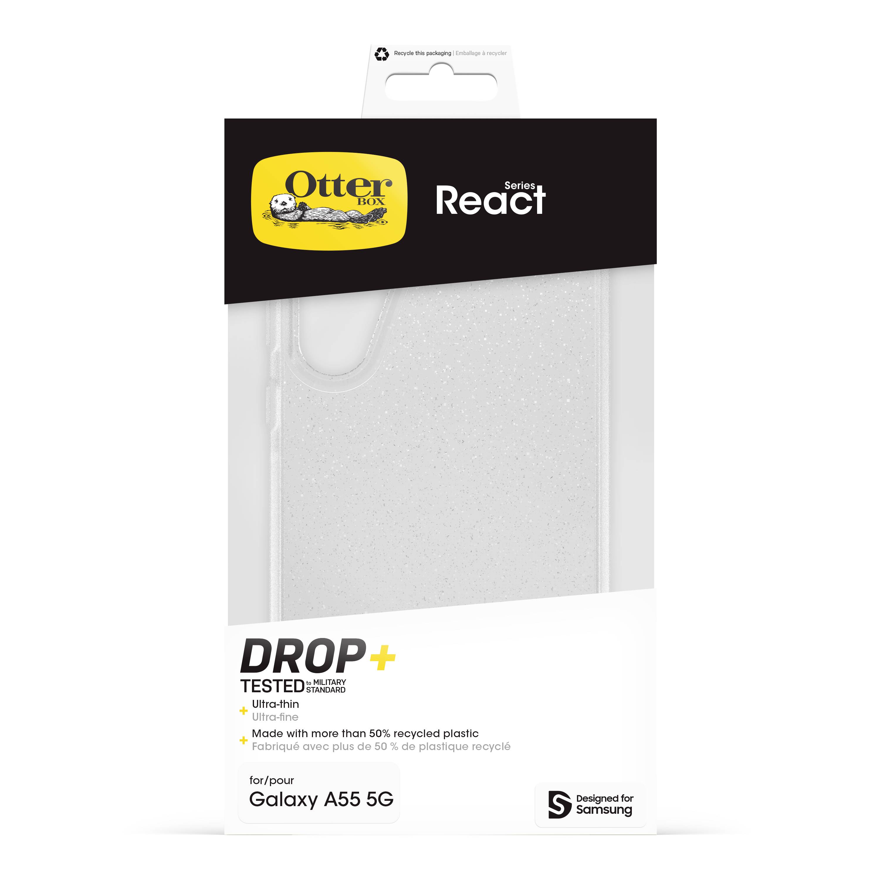 Przezroczyste etui ochronne Otterbox 'React' do Galaxy A55 5G, ultracienkie, wykonane w ponad 50% z recyklingowanych tworzyw sztucznych, przetestowane pod kątem odporności na wstrząsy.