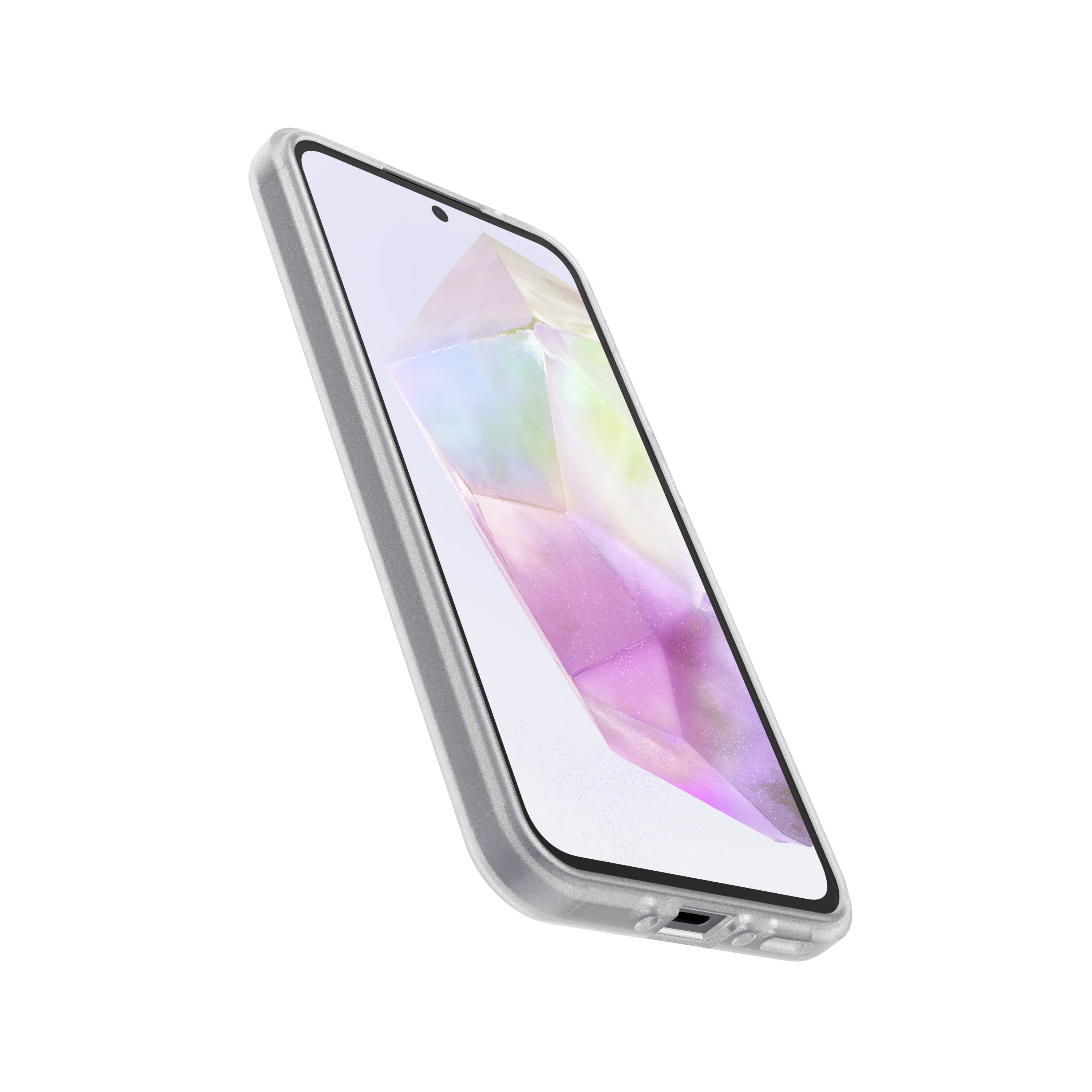 Smartfon z migoczącym kryształem na ekranie, w szarej obudowie. Ujęcie z trzech czwartych, z naciskiem na wyświetlacz.