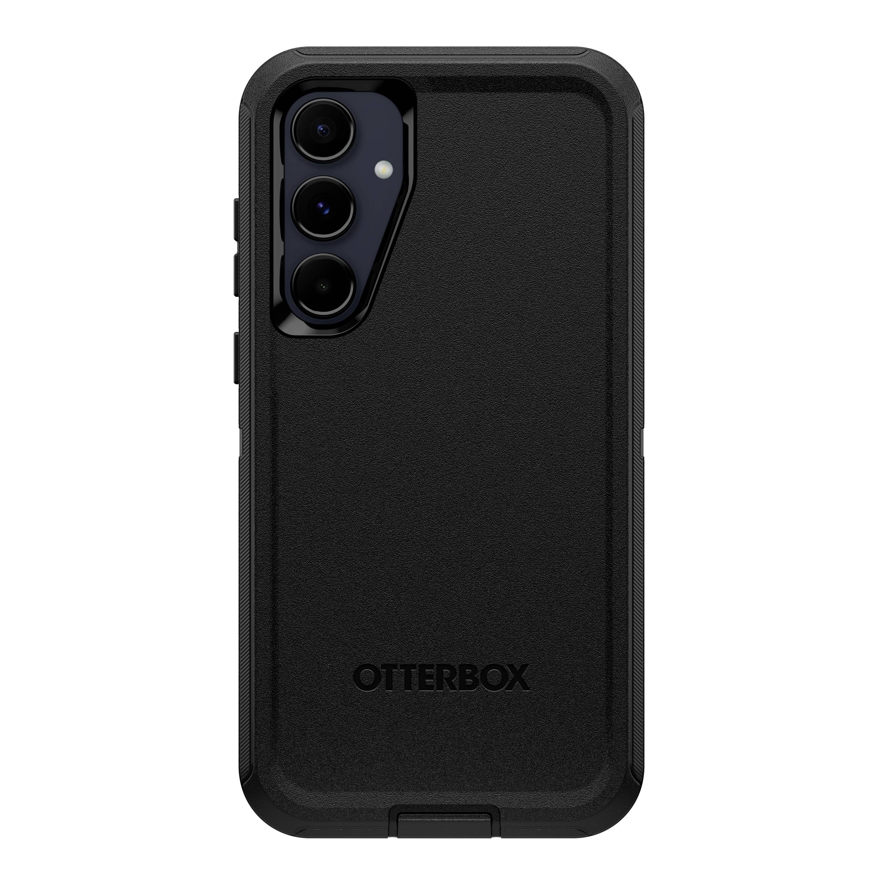 Czarne etui OtterBox na telefon o wytrzymałej konstrukcji. Mocno i solidnie chroni smartfona. Wycięcie na aparat widoczne.