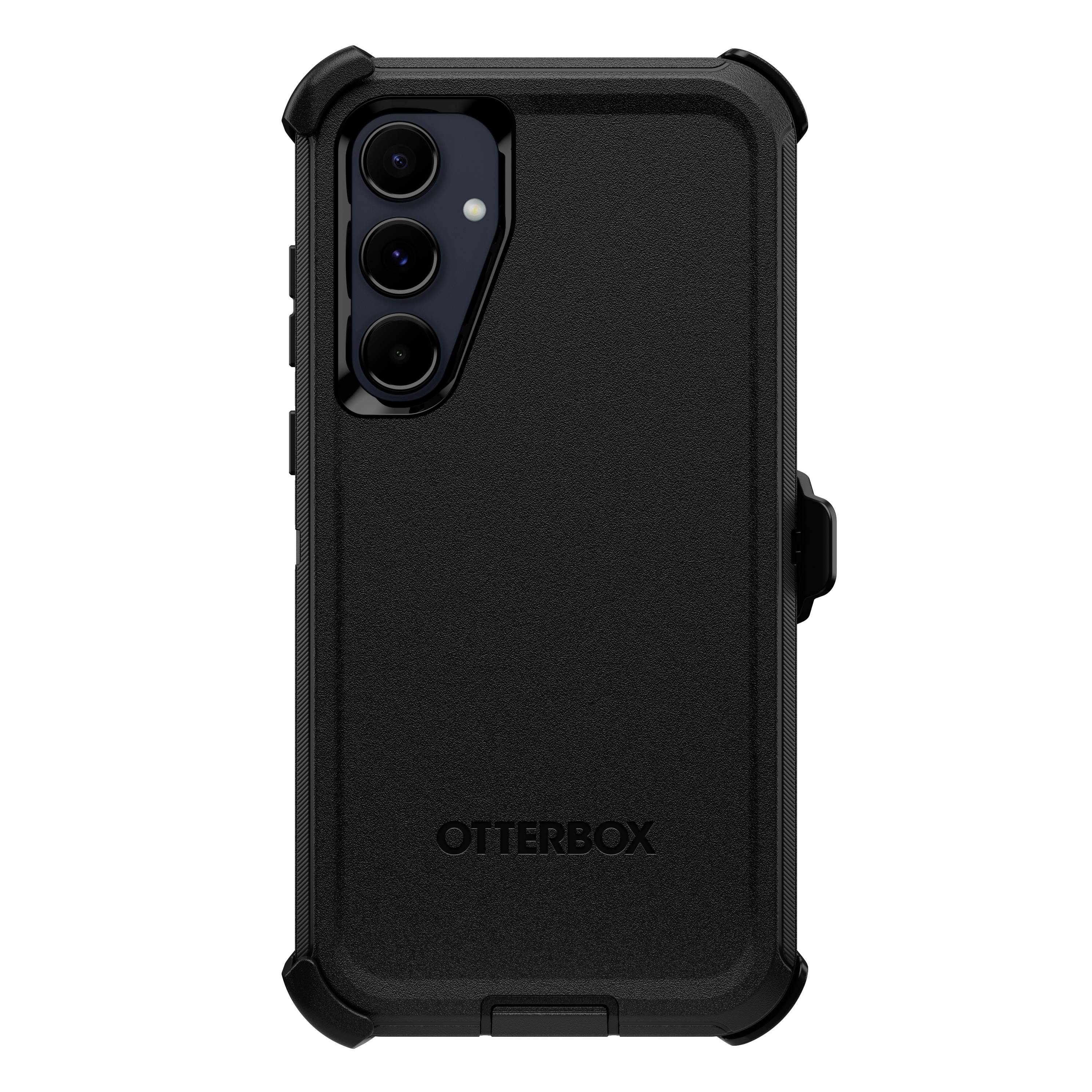Czarny telefon z potrójnym aparatem w wytrzymałej obudowie OtterBox.