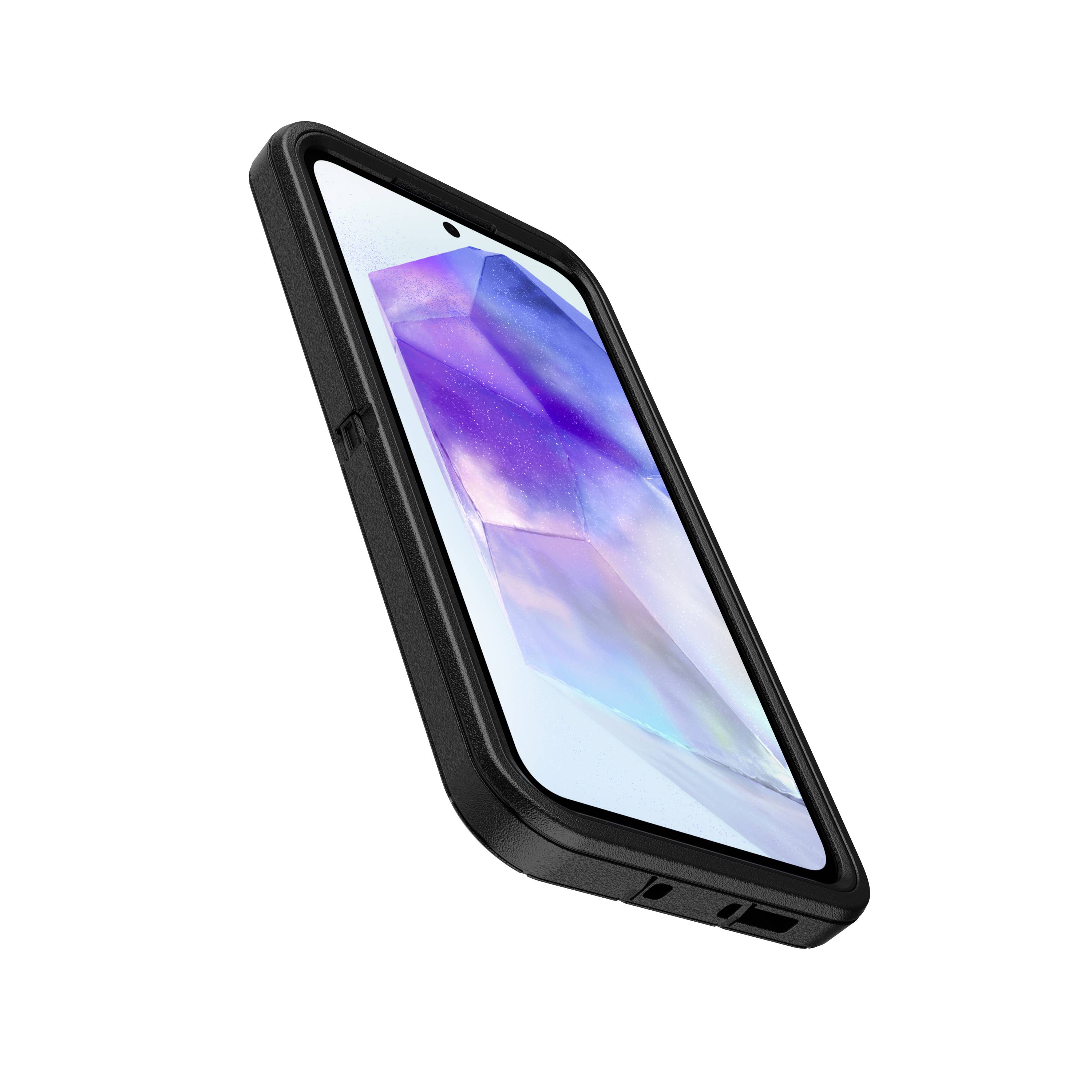 Smartfon z wytrzymałą, ochronną obudową, obracający się w kadrze, wyświetlający abstrakcyjny obraz w tle na ekranie.