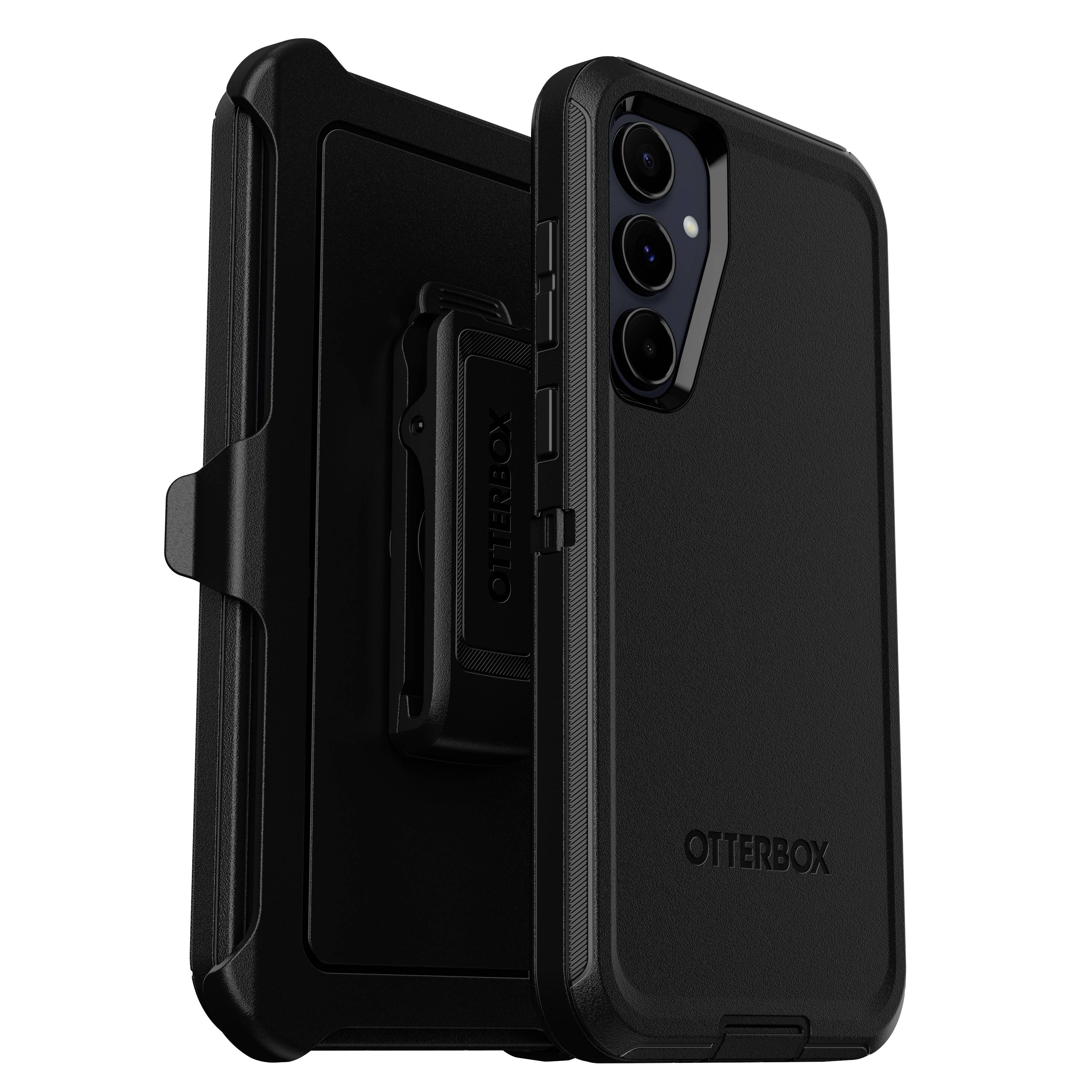 Czarny, wytrzymały pokrowiec i etui na telefon od OtterBox zapewniający maksymalną ochronę, z trzema wycięciami na aparat i solidnym klipsem.