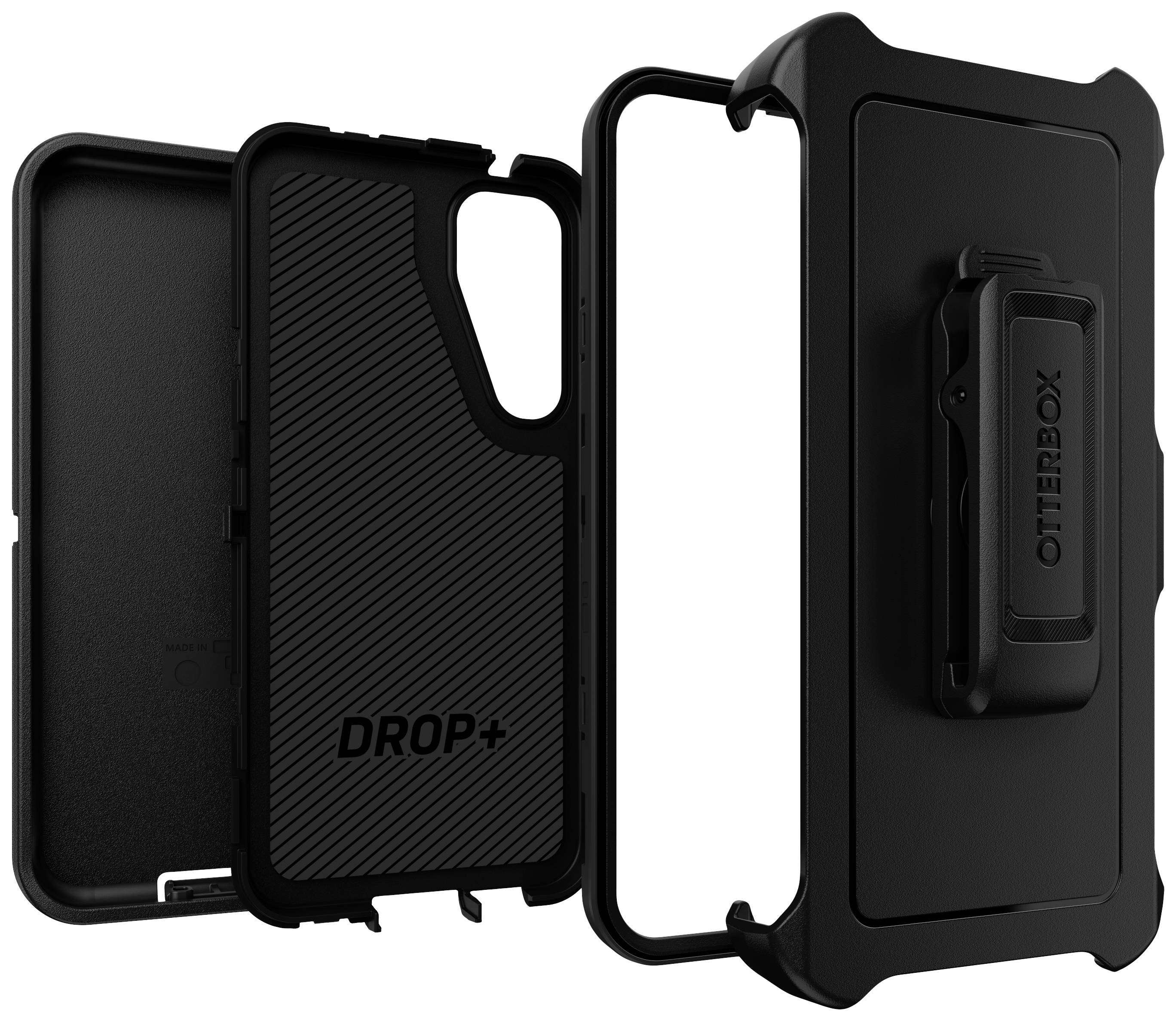 Trzyczęściowy czarny zestaw etui na telefon marki Otterbox, składający się z wytrzymałej obudowy, osłony ramki oraz klipsa do paska.