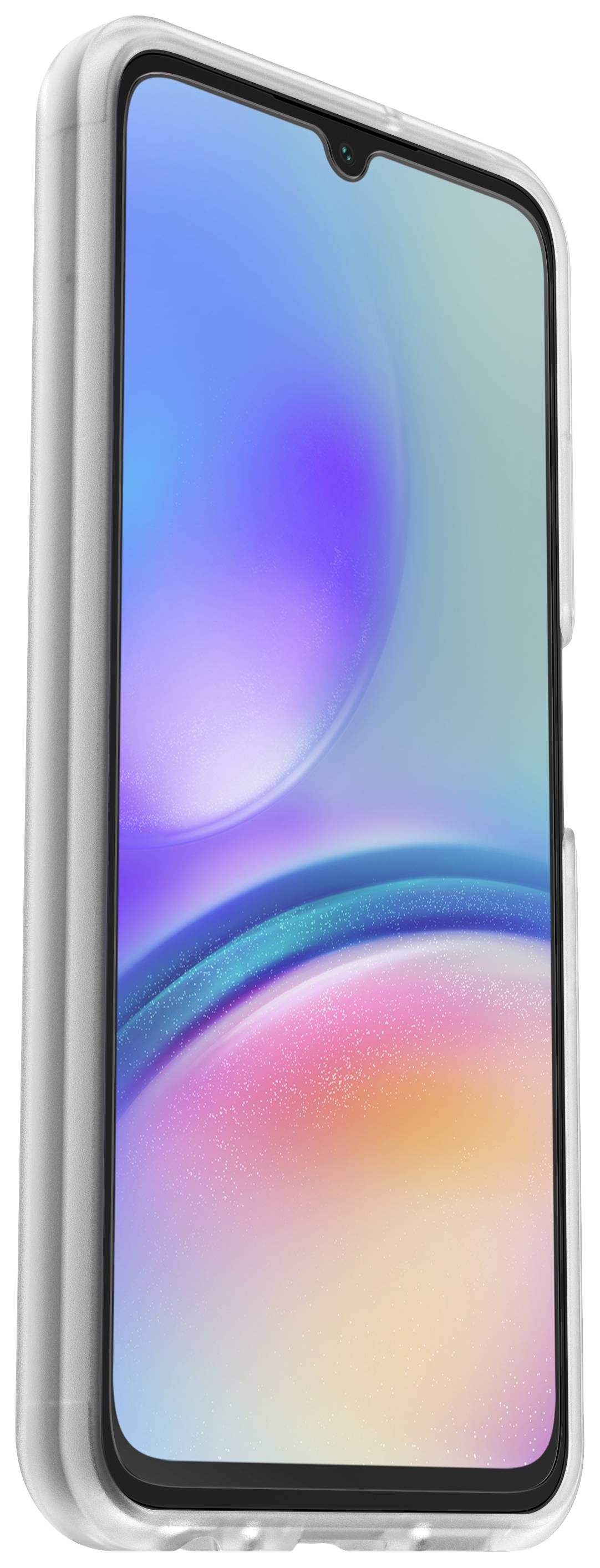 Smartfon z migoczącym, kolorowym tłem na wyświetlaczu, w przezroczystej obudowie.