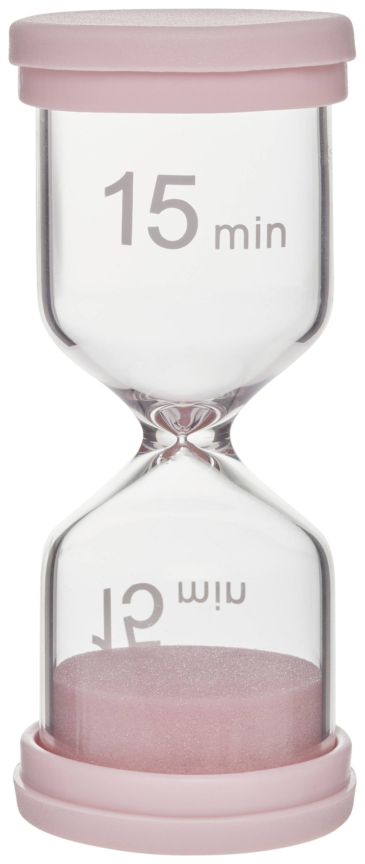 Klepsydra z różowym piaskiem i różowymi nasadkami wskazuje '15 min'. Symbolizuje upływ 15 minut czasu.