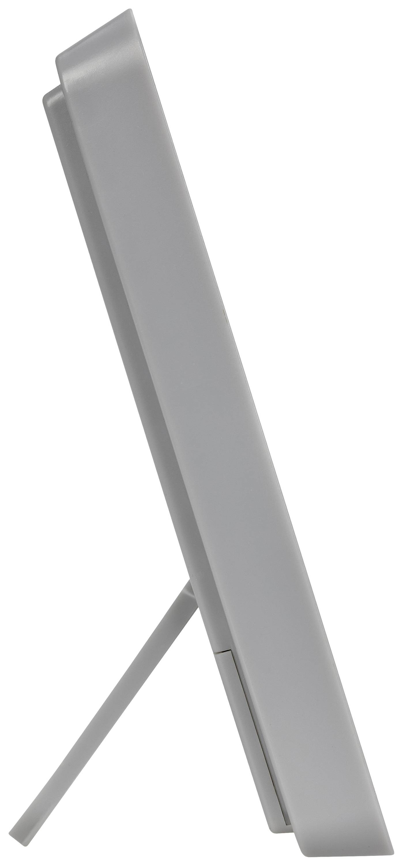 Widok z boku szarej, płaskiej ramki cyfrowej ze stojakiem ustawionym pionowo.