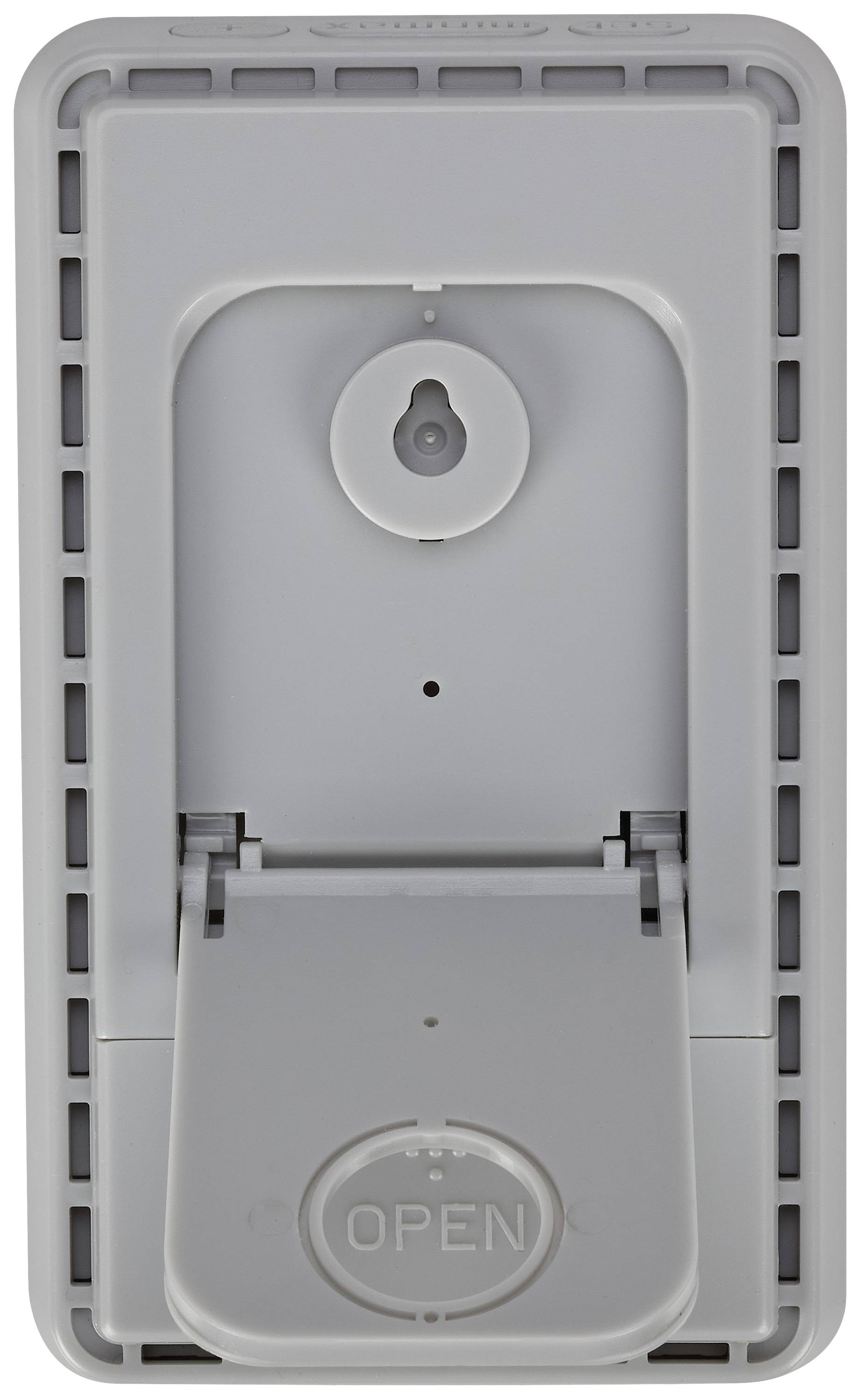 Szary, prostokątny przełącznik urządzenia z napisem "OPEN" u dołu, z widocznym zamkiem w górnej części i zawiasem pośrodku.