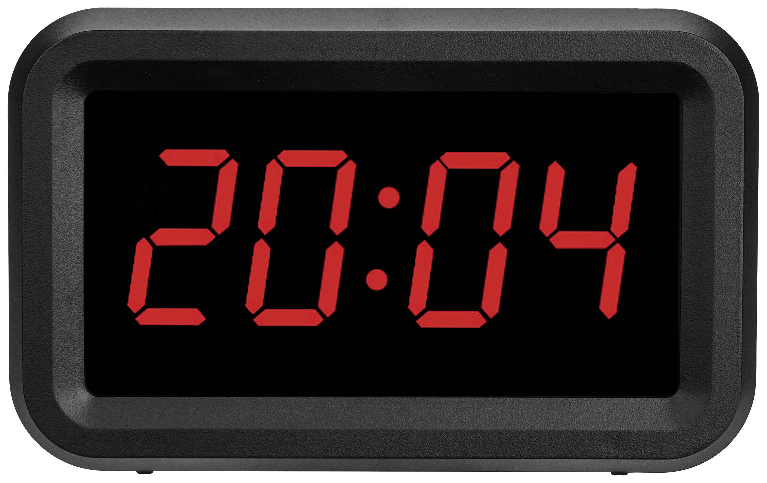 Cyfrowy zegar wyświetla godzinę '20:04' w czerwonych świecących cyfrach.