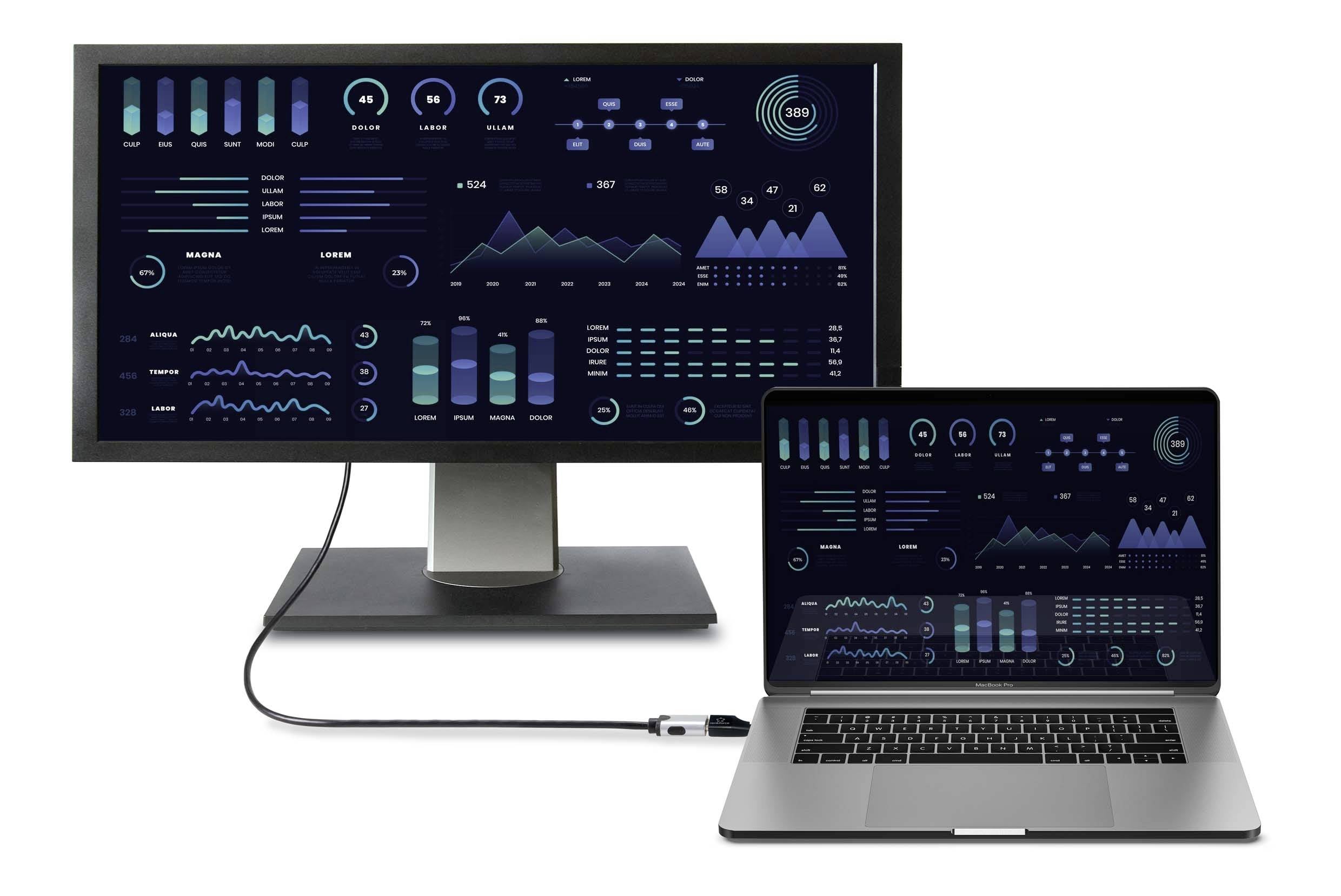 Monitor komputerowy i laptop wyświetlają złożone wizualizacje danych z diagramami i grafikami, połączone przewodem.