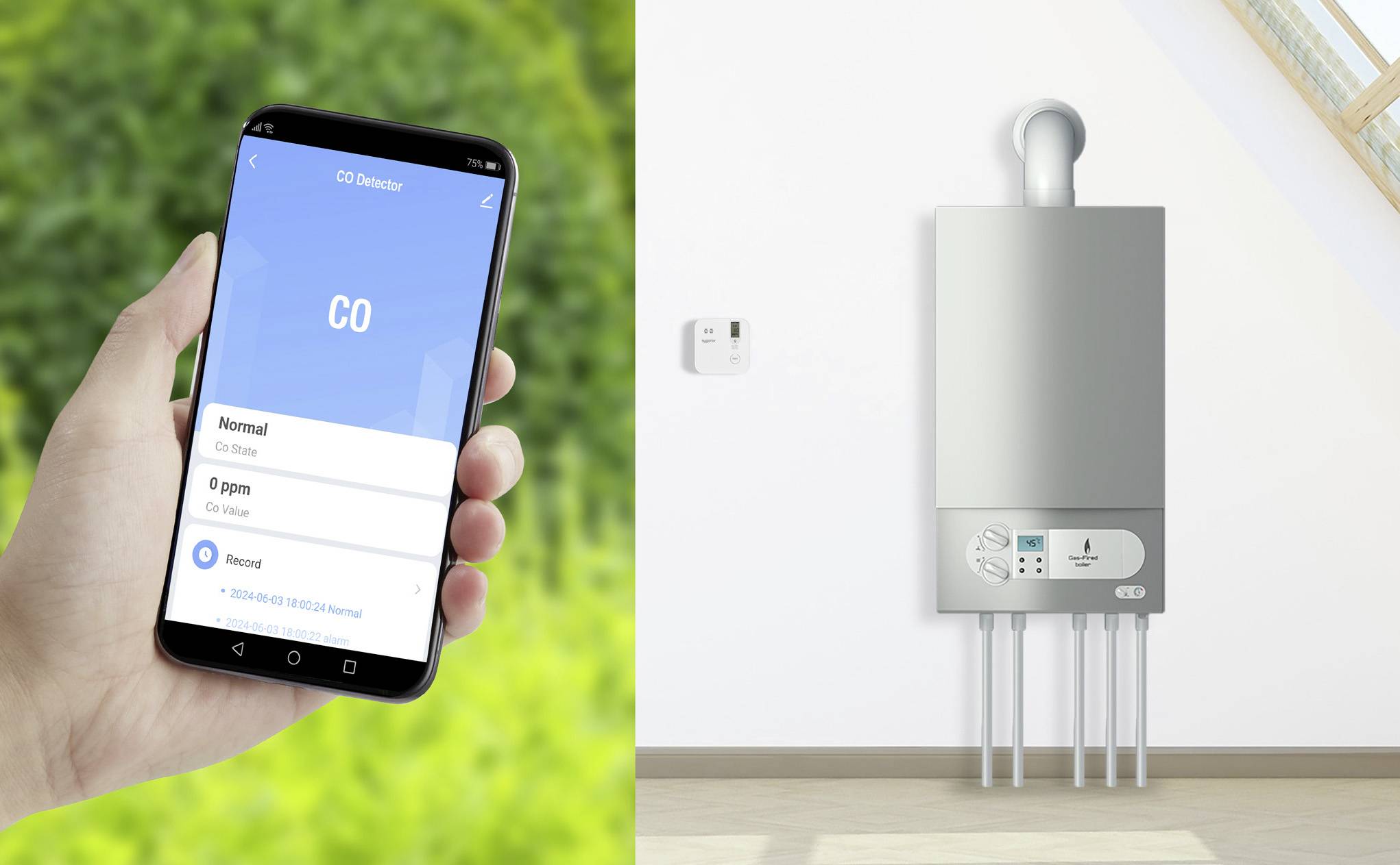 Po lewej stronie smartfon z otwartą aplikacją detektora tlenku węgla. Po prawej stronie zamontowany na białej ścianie gazowy kocioł kombi.