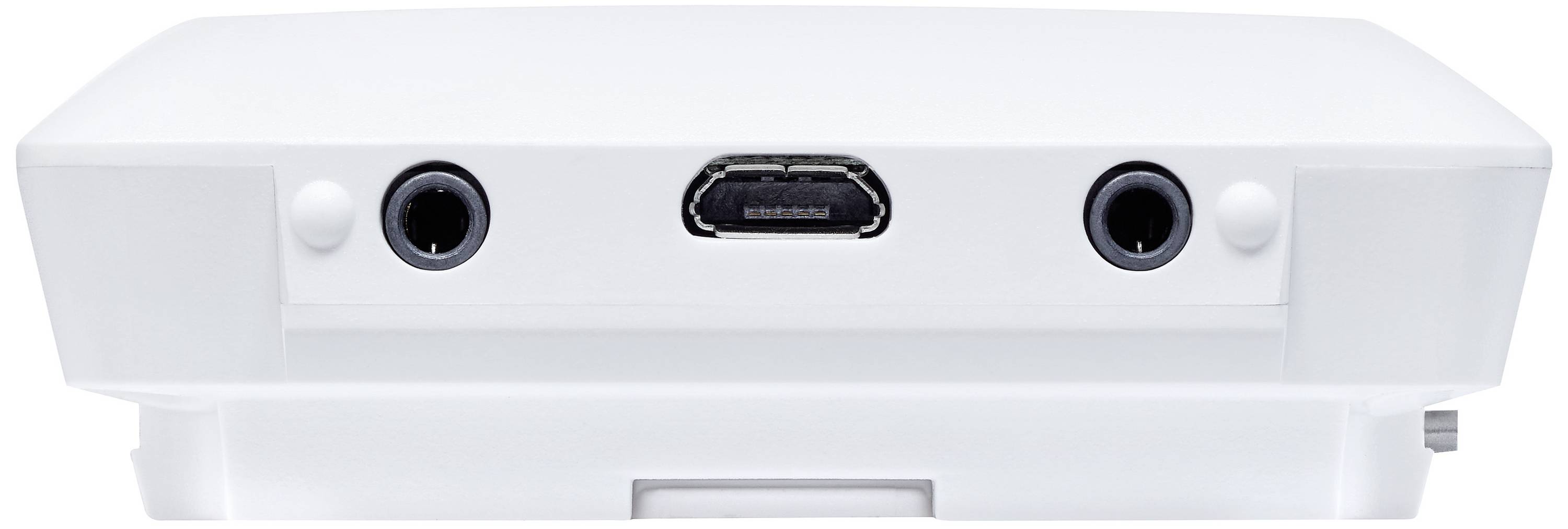 Biała elektroniczna interfejs z trzema złączami z przodu.