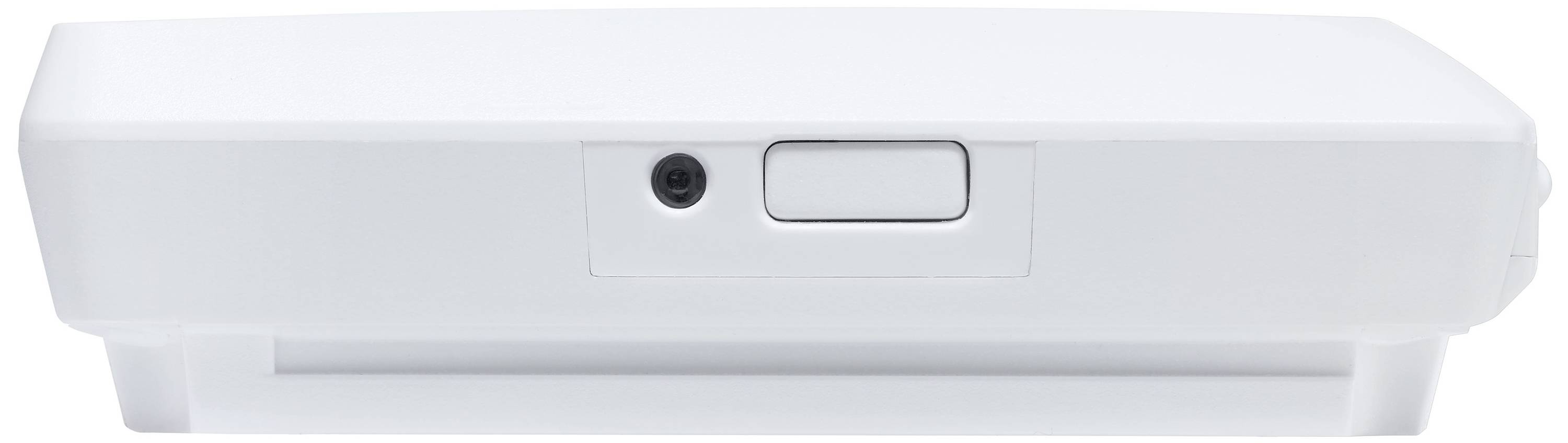 Biały, prostokątny przyrząd elektroniczny z gniazdem i przyciskiem na przedniej stronie.