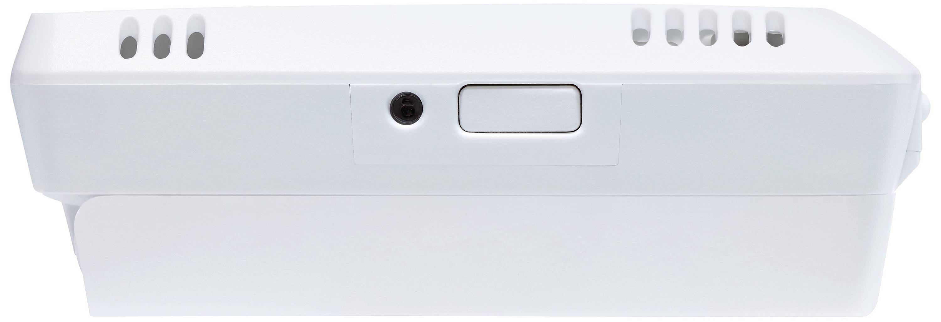 Białe urządzenie elektroniczne z wieloma otworami wentylacyjnymi i centralnym przyciskiem.