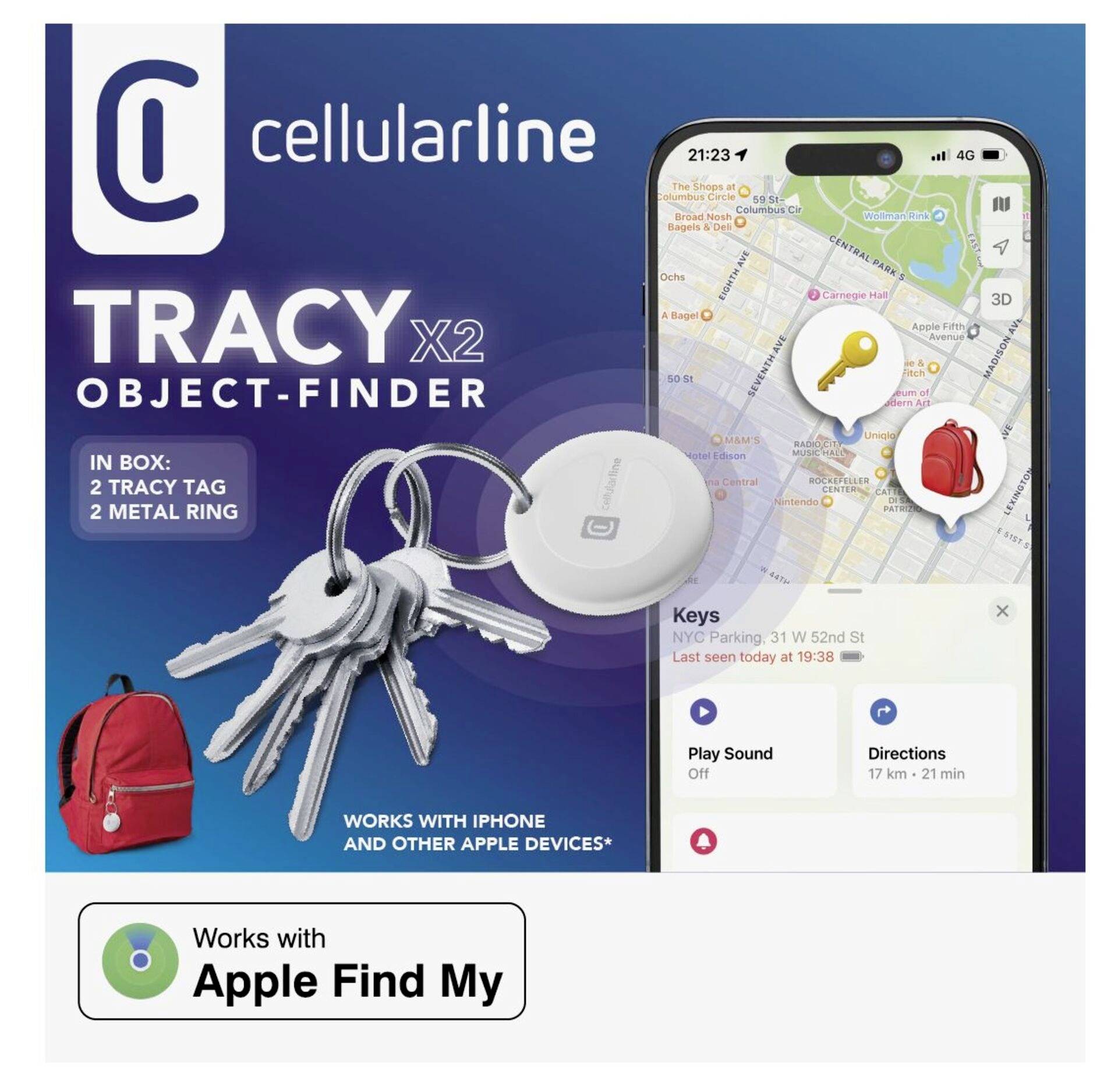 Ekran smartfona wyświetla aplikację do lokalizacji przedmiotów. Brelok z tagiem namierzony. Kompatybilny z Apple Find My.