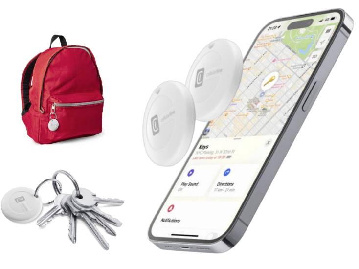 Smartfon wyświetla aplikację map z zaznaczonymi lokalizacjami. Dwa okrągłe urządzenia oznaczają przedmioty, takie jak brelok do kluczy i czerwony plecak.