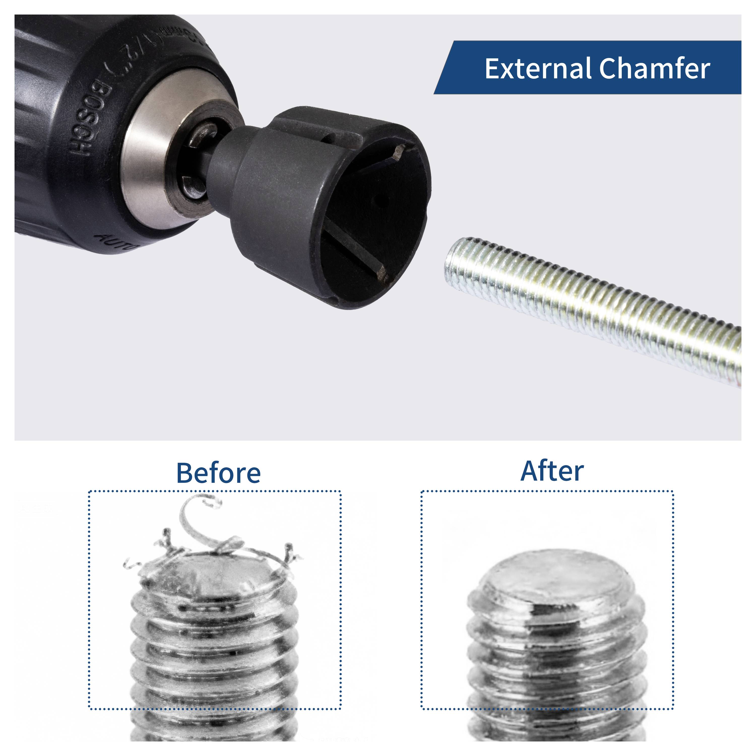 Ilustracja wiertła do fazowania zewnętrznego kształtującego pręt gwintowany, z ujęciami zbliżeniowymi przed i po pokazującymi szorstki koniec gwintu wygładzony przez fazowanie.