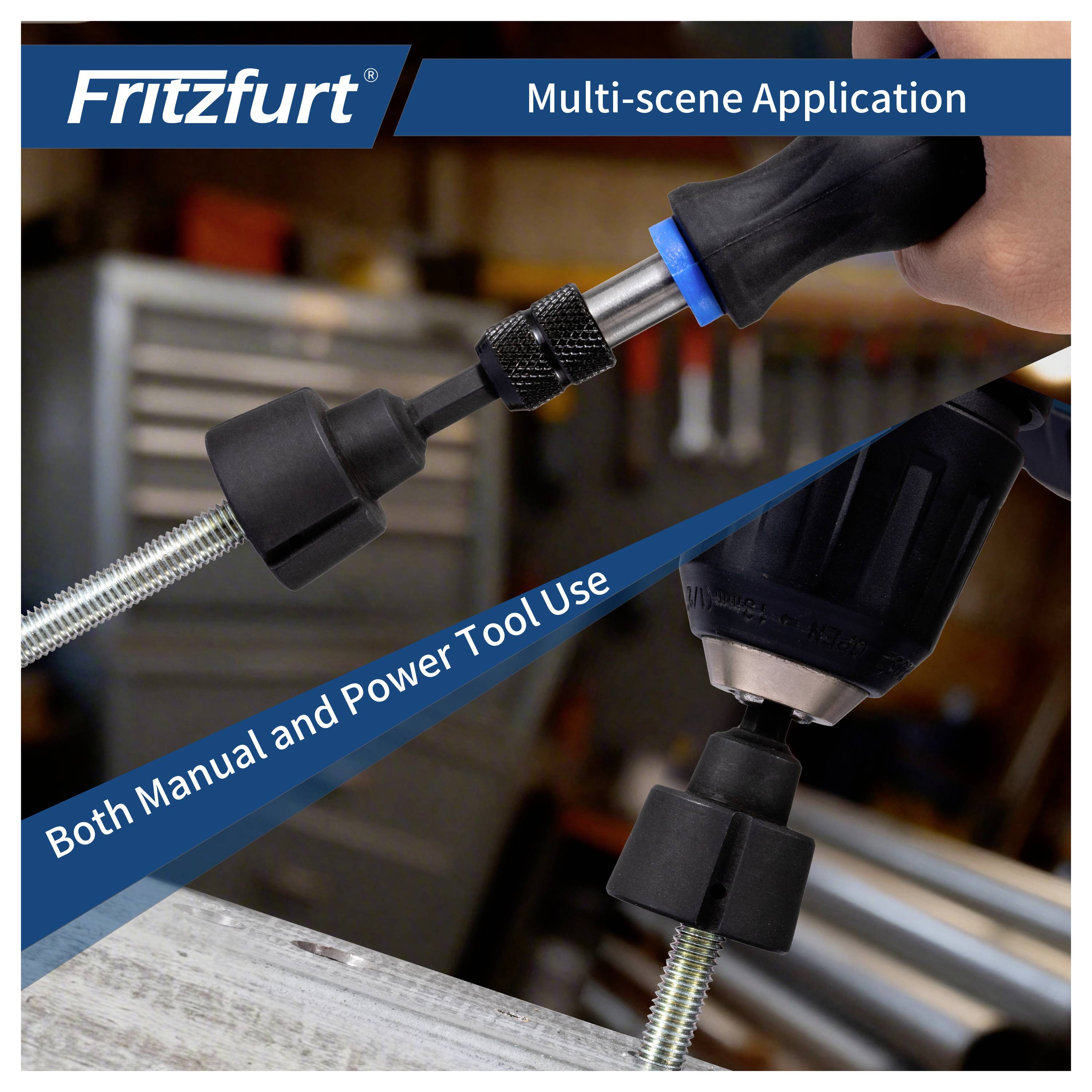 Aplikacja wieloscenowa Fritzfurt pokazująca nasadkę wiertła/wkrętarki do użytku zarówno z narzędziami ręcznym, jak i elektrycznymi.
