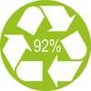 Zielony symbol recyklingu ze strzałkami biegnącymi w kole. W środku widnieje napis '92%', oznaczający udział materiału poddanego recyklingowi.