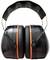 Czarno-pomarańczowe nauszniki ochronne na białym tle. Używane do ochrony przed głośnymi dźwiękami w przemyśle lub głośnych środowiskach.