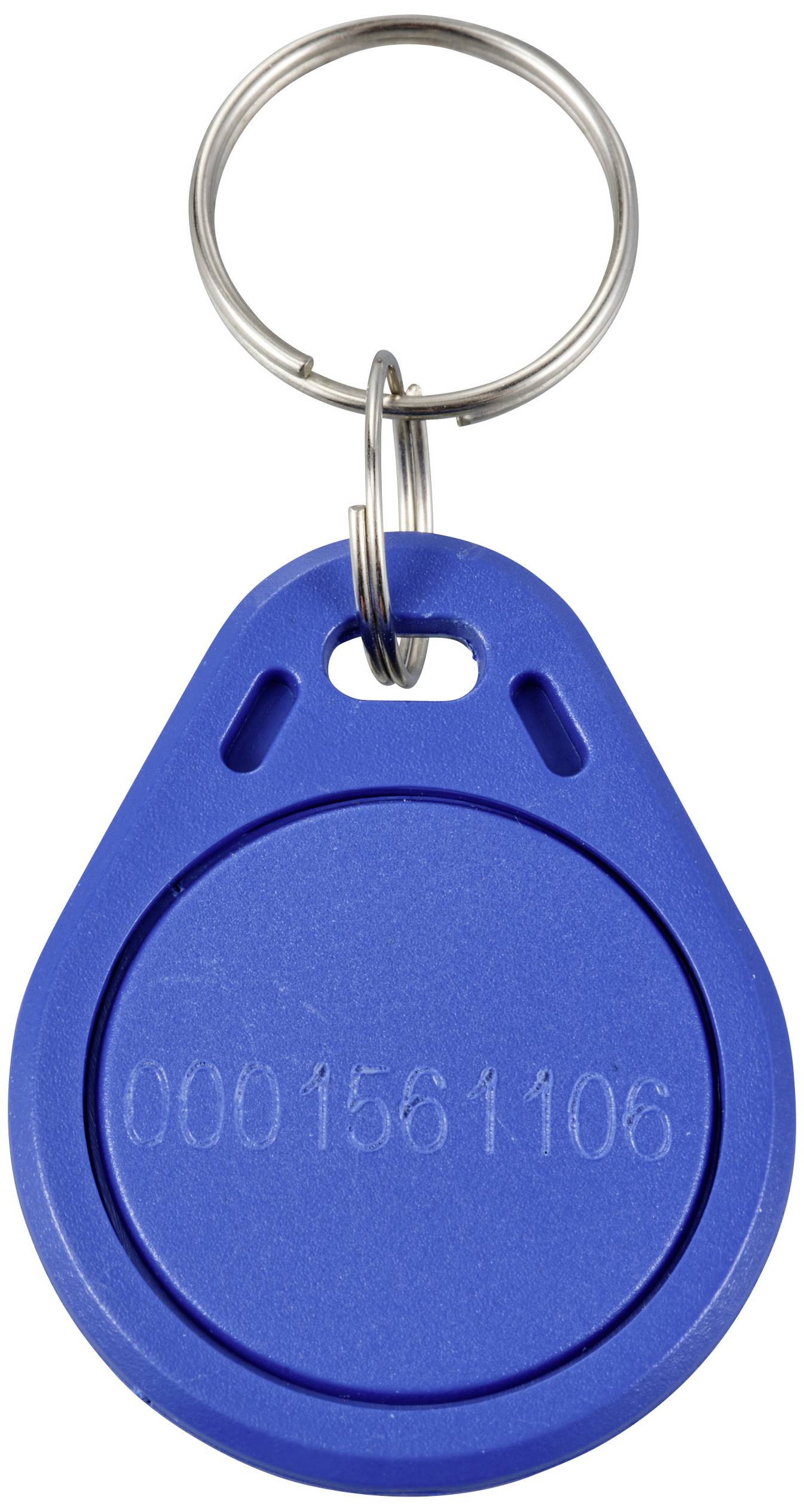 Niebieski brelok RFID z wybitym numerem '0001561106' i zintegrowanym kółkiem metalowym.